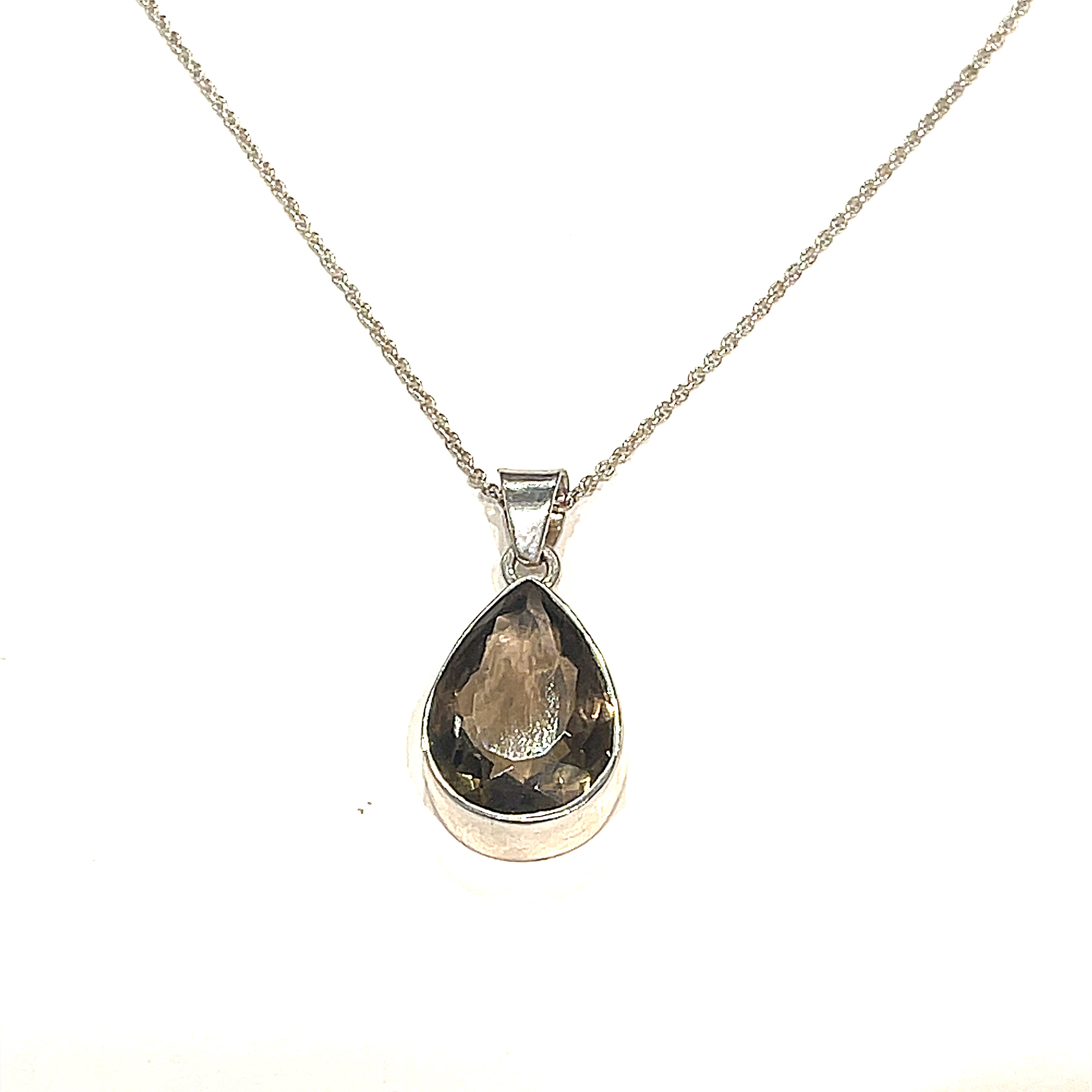 A sterling silver Smokey Quartz gemstone  Pendant Necklace on white background, hanging front overview. 