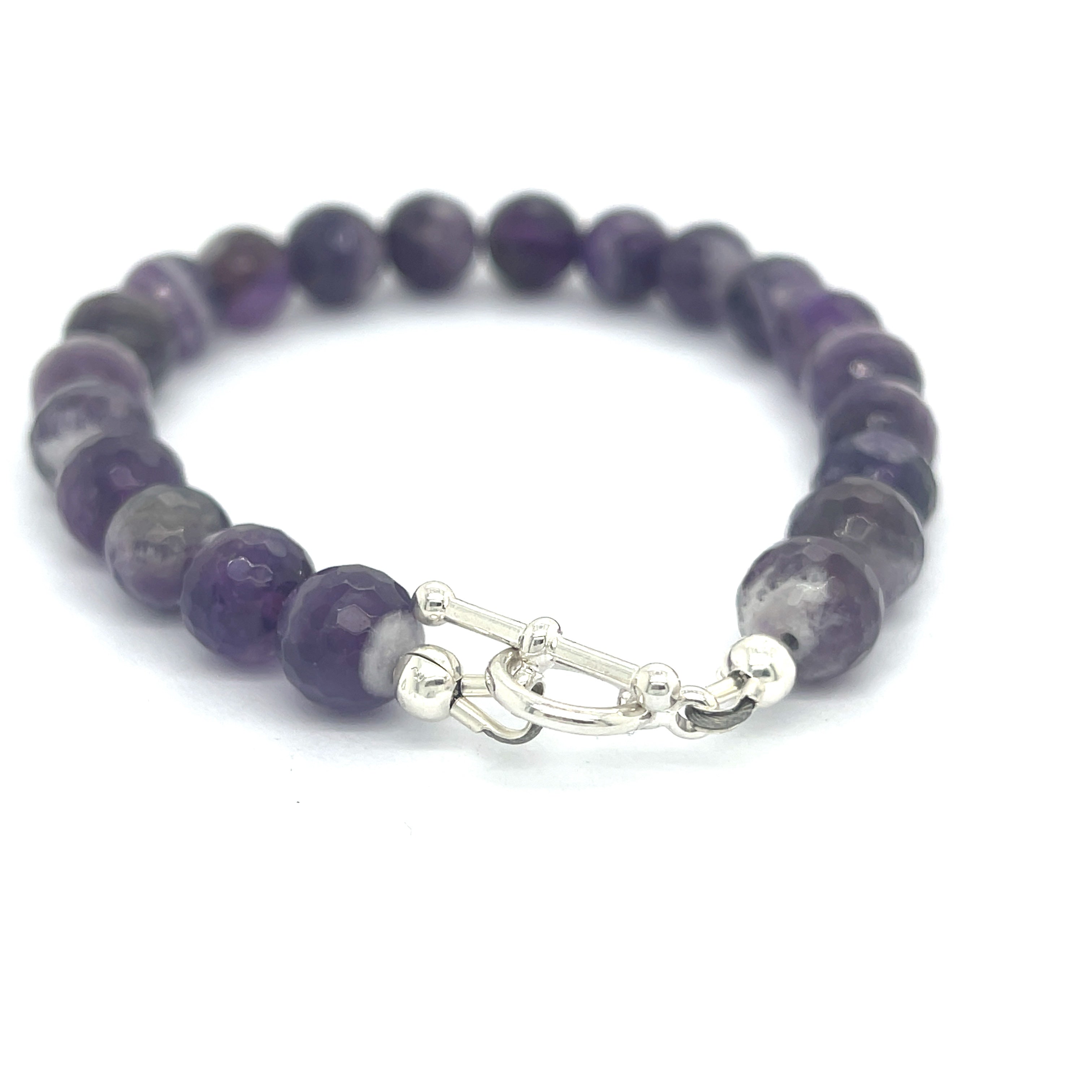 Amegreen gemstone beads in soft lavender and green tones, handcrafted healing bracelet back center overview.