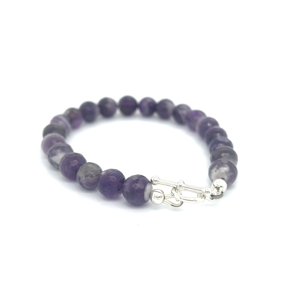 Amegreen gemstone beads in soft lavender and green tones, handcrafted healing bracelet back slight left angle overview.