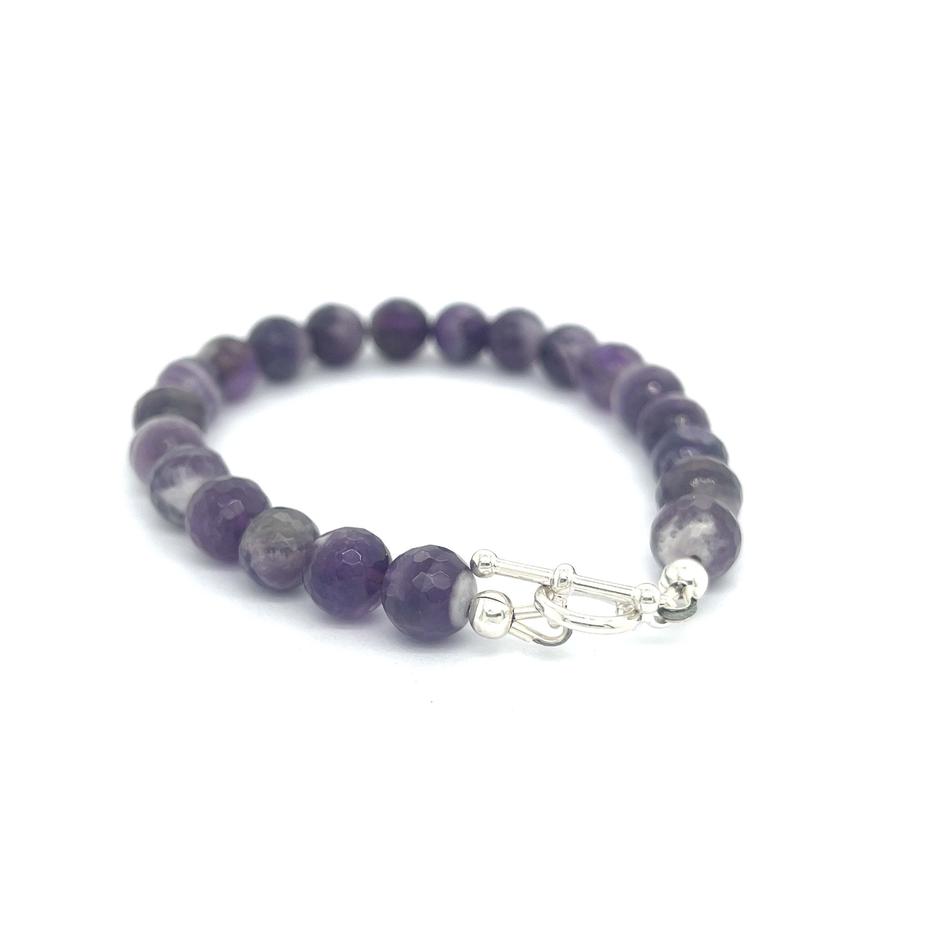 Amegreen gemstone beads in soft lavender and green tones, handcrafted healing bracelet back slight left angle overview.