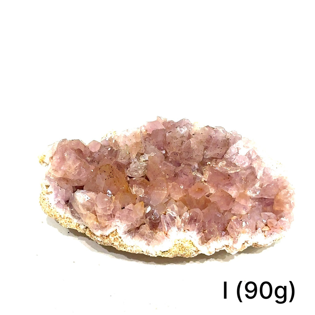 Amethyst cluster displaying translucent quartz and texture on white #I (90g) front view