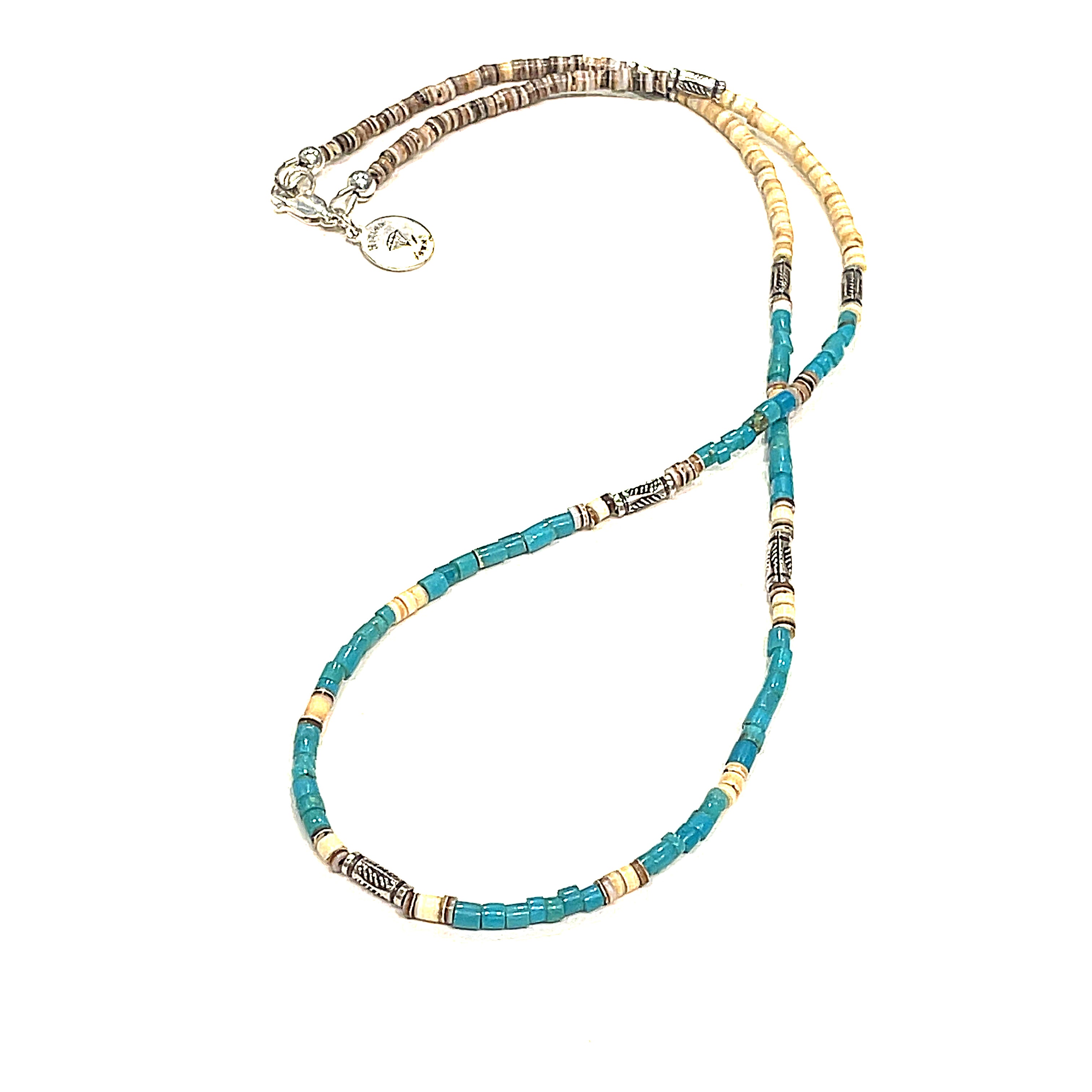 Amore blue Shell roundel gemstone necklace with sterling silver tribal tube beads on a white background, front long overview.