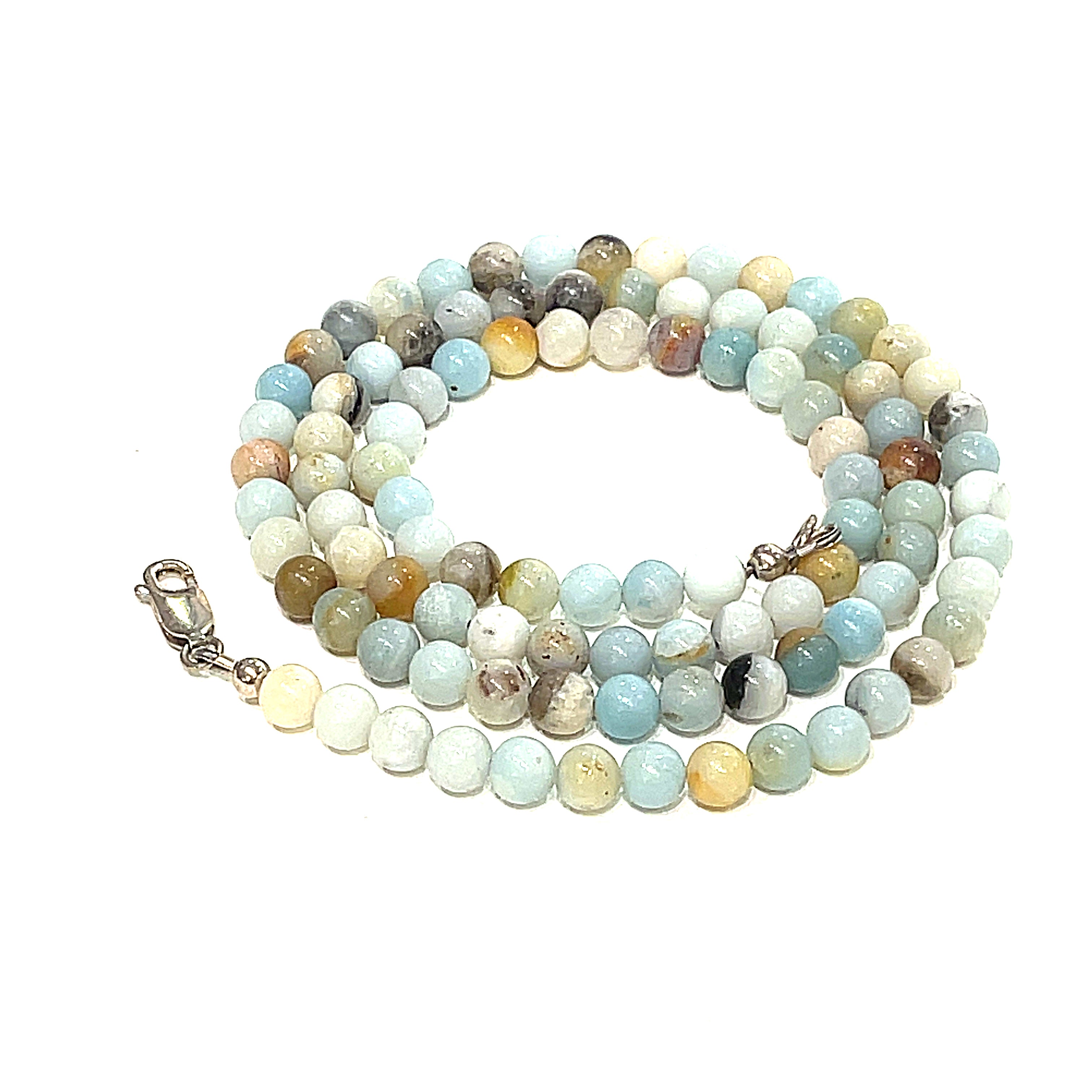 An Amazonite gemstone beaded necklace with a sterling silver lobster claw, spiral, overview. 