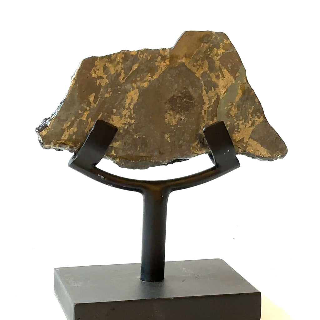 An Apache Gold slab gemstone with polyurethane on one side, displayed on a metal stand on a white background, in a close-up view of the back.