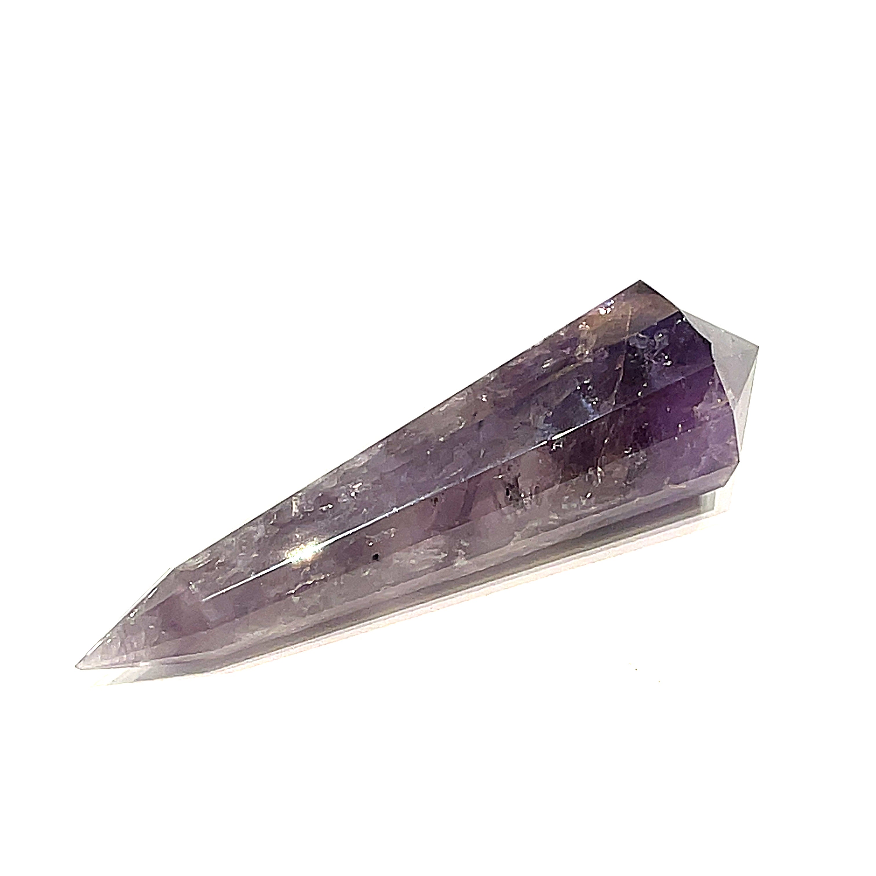 An extra-large, polished purple Amethyst Vogel gemstone on a white background, front overview. 