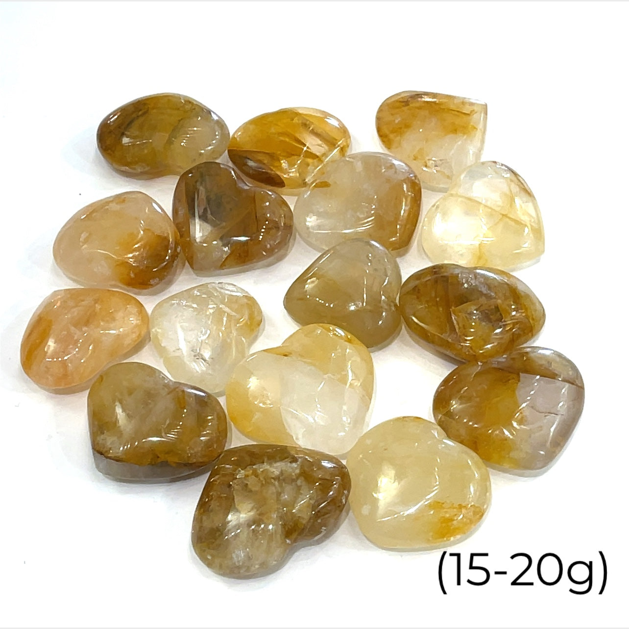 Assorted Golden Healer Hearts (15-20g) – each unique in pattern and energy on a white background front overview. 