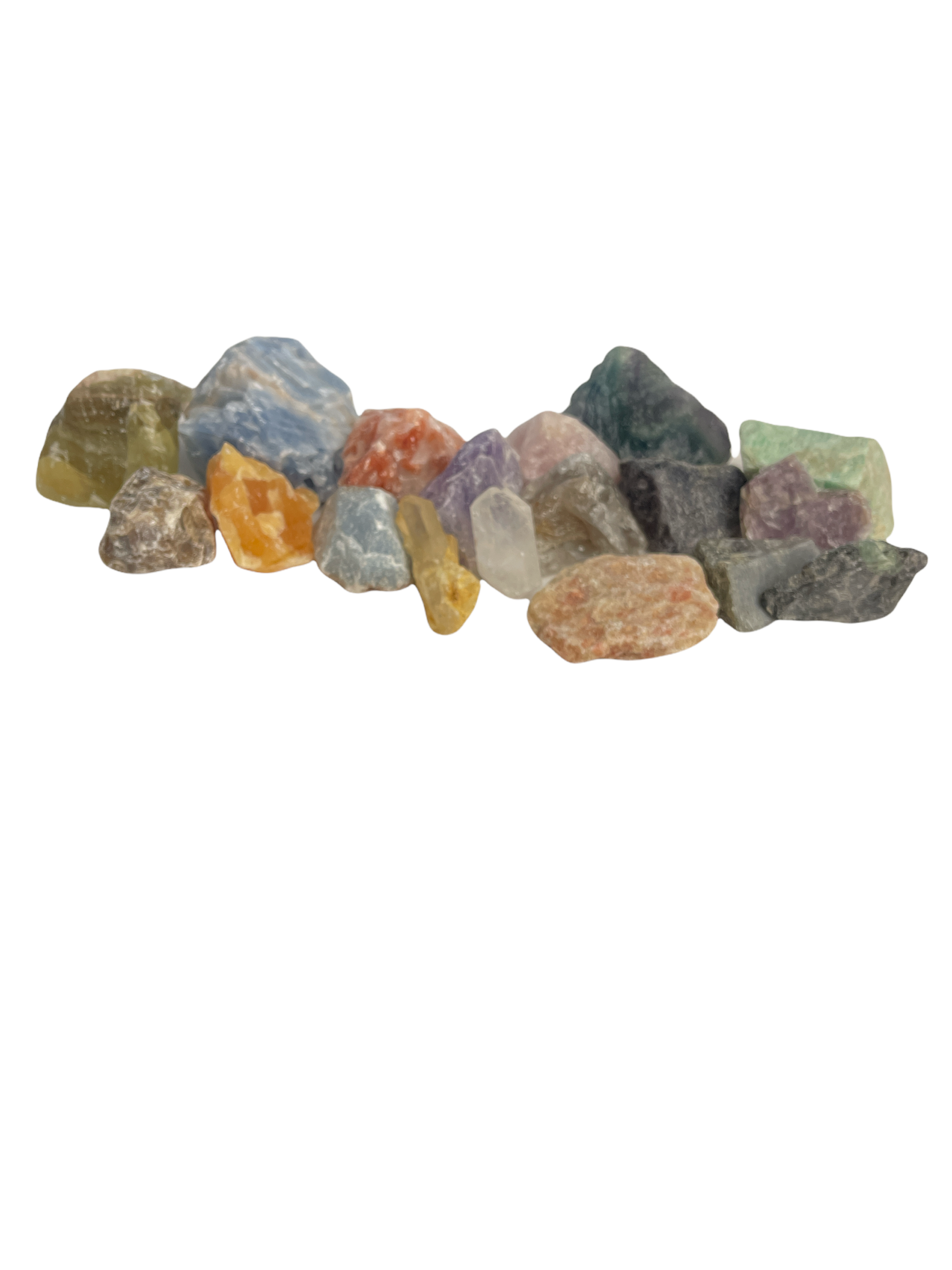 Assorted raw gemstones including rose quartz, amethyst, and citrine on a white background, front overview. 