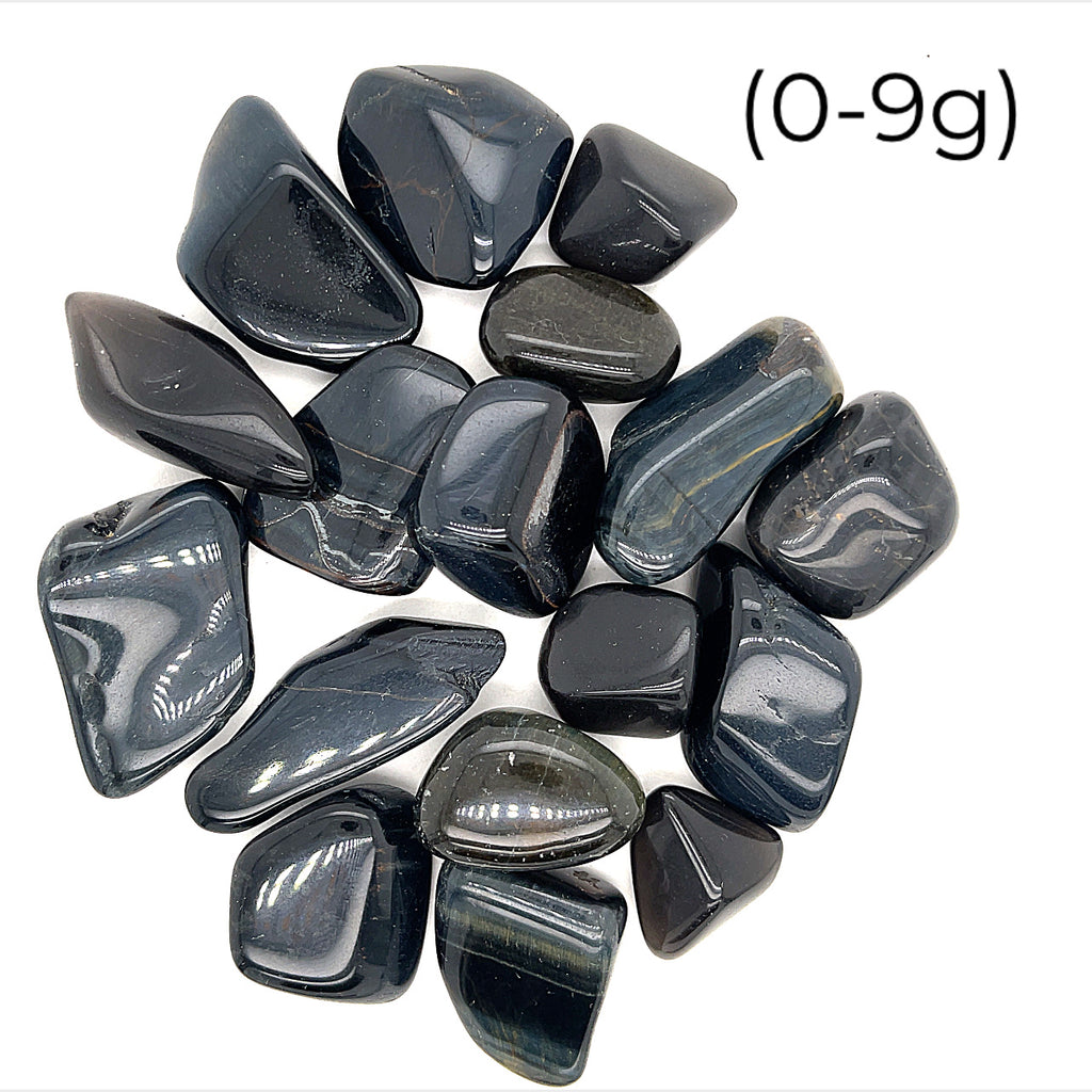 Blue Tiger Eye Tumbled Gemstone grouping on white 0-9g overview