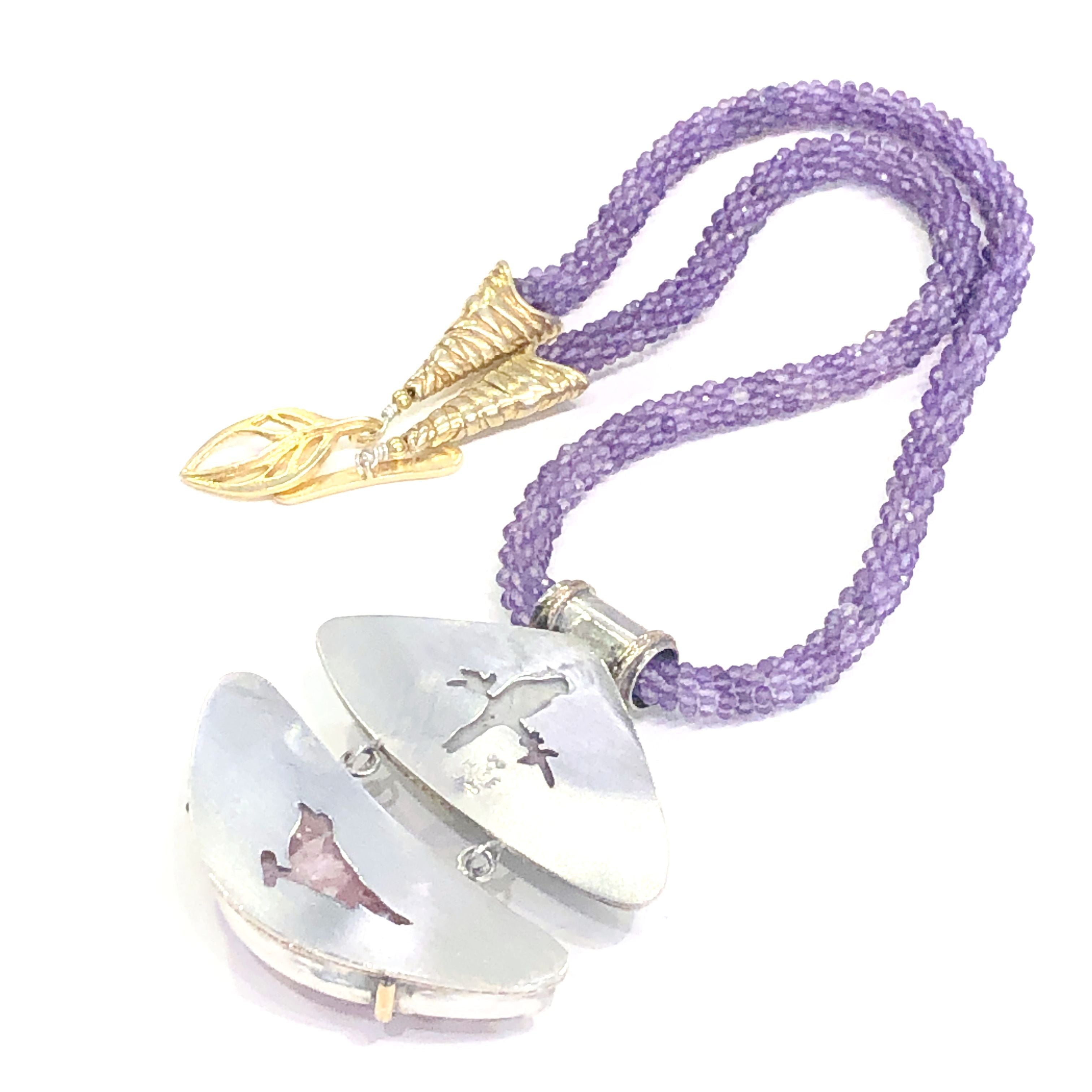 Genuine Amethyst, Paraíba Tourmaline+ Pink Calcite crocheted necklace