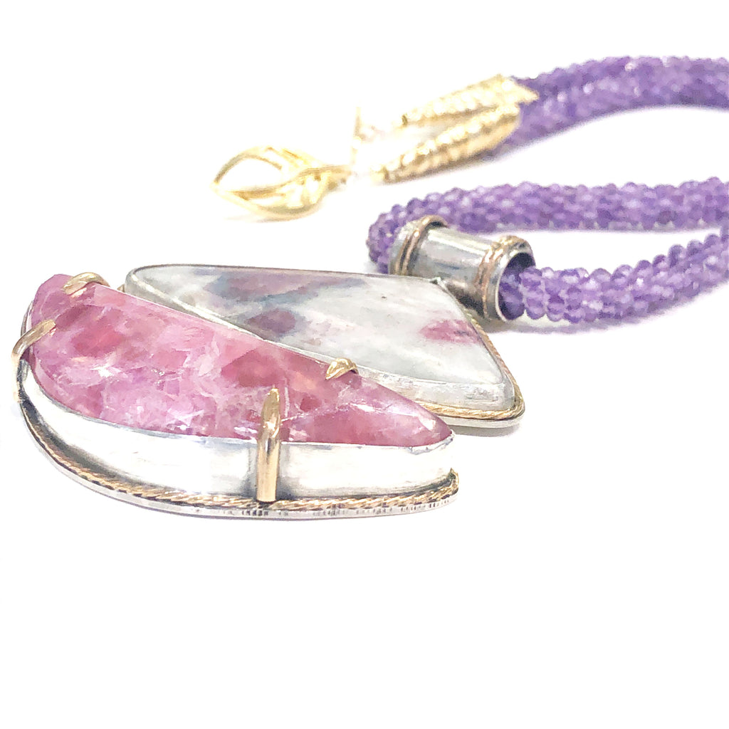 Genuine Amethyst, Paraíba Tourmaline+ Pink Calcite crocheted necklace