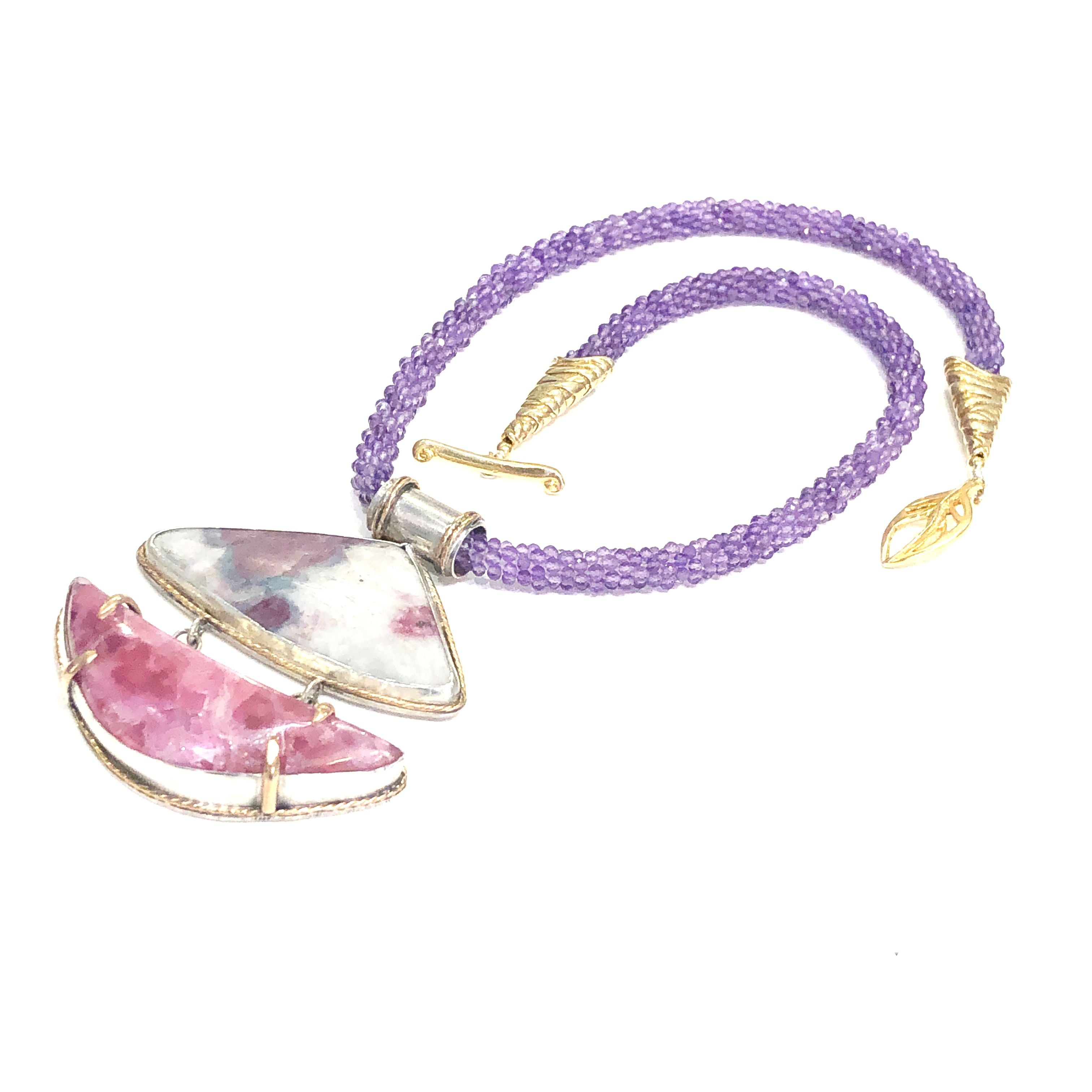Genuine Amethyst, Paraíba Tourmaline+ Pink Calcite crocheted necklace