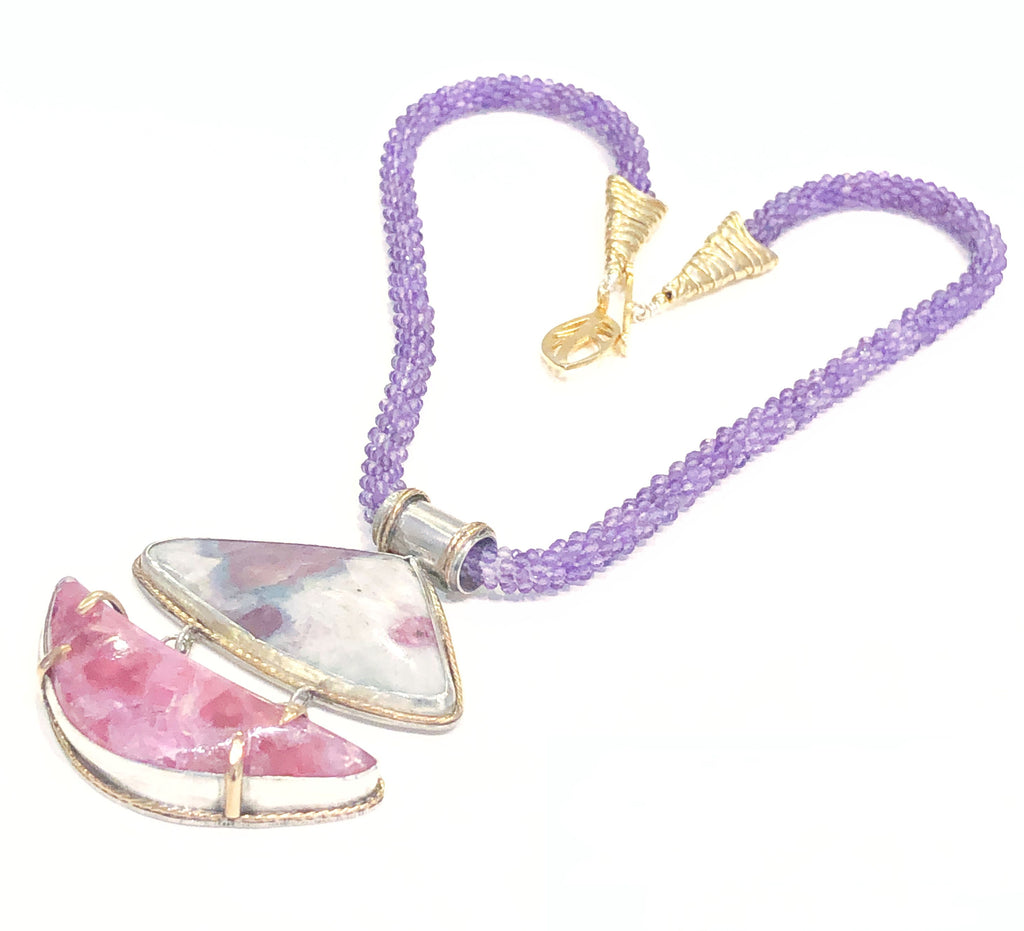 Genuine Amethyst, Paraíba Tourmaline+ Pink Calcite crocheted necklace