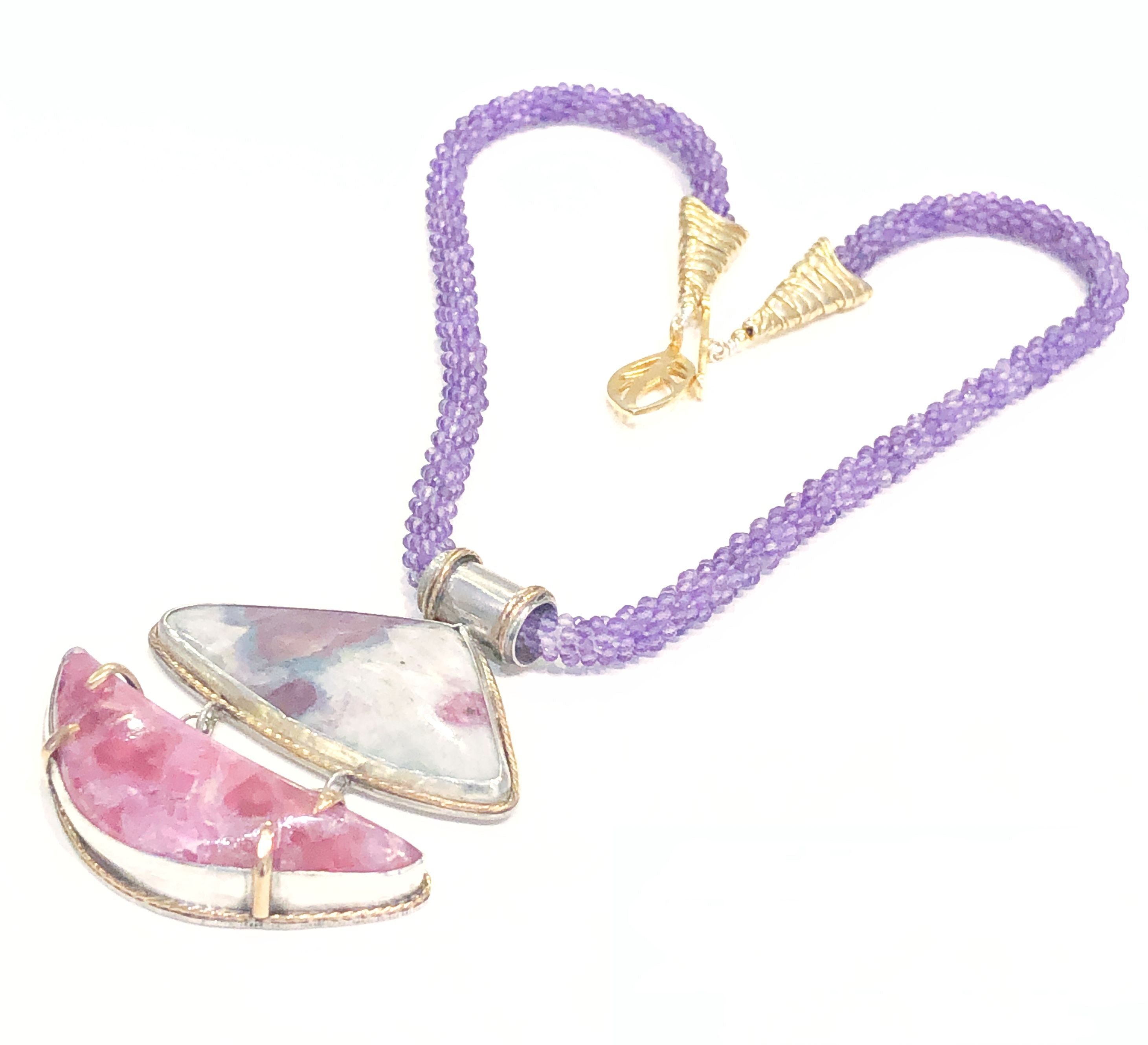 Genuine Amethyst, Paraíba Tourmaline+ Pink Calcite crocheted necklace