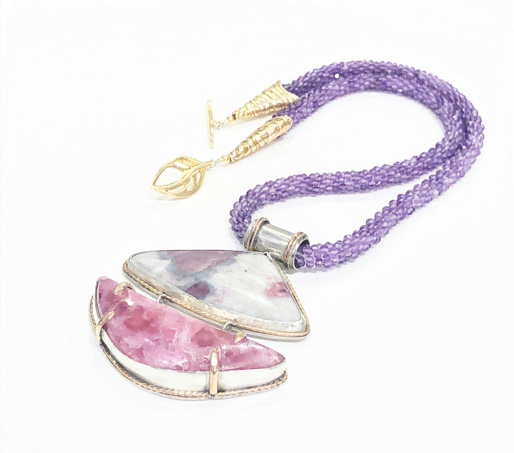 Genuine Amethyst, Paraíba Tourmaline+ Pink Calcite crocheted necklace