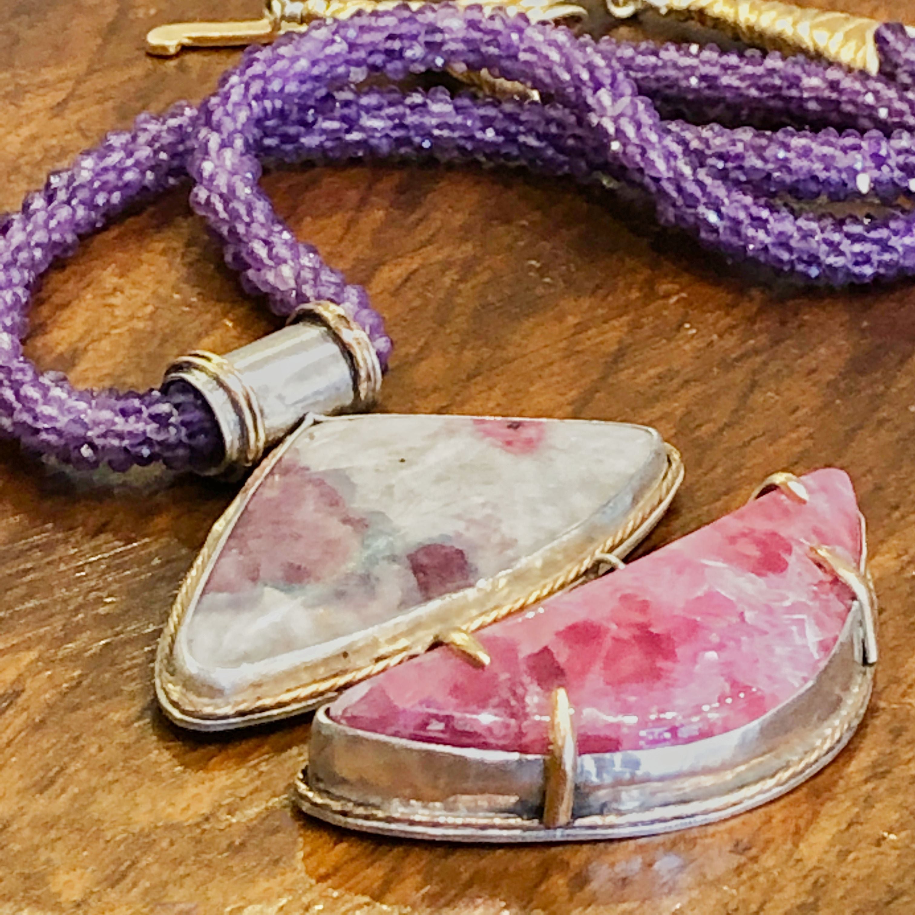Genuine Amethyst, Paraíba Tourmaline+ Pink Calcite crocheted necklace