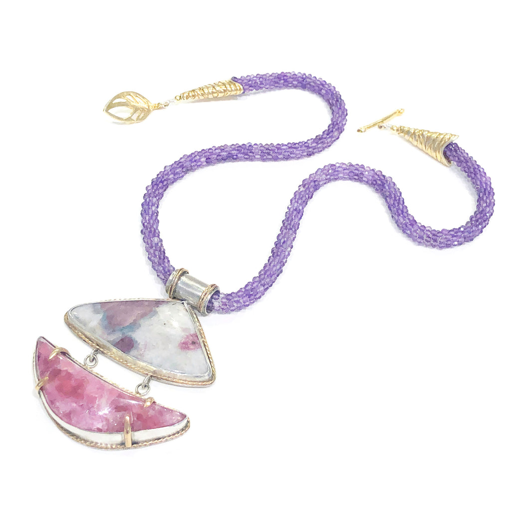 Genuine Amethyst, Paraíba Tourmaline+ Pink Calcite crocheted necklace