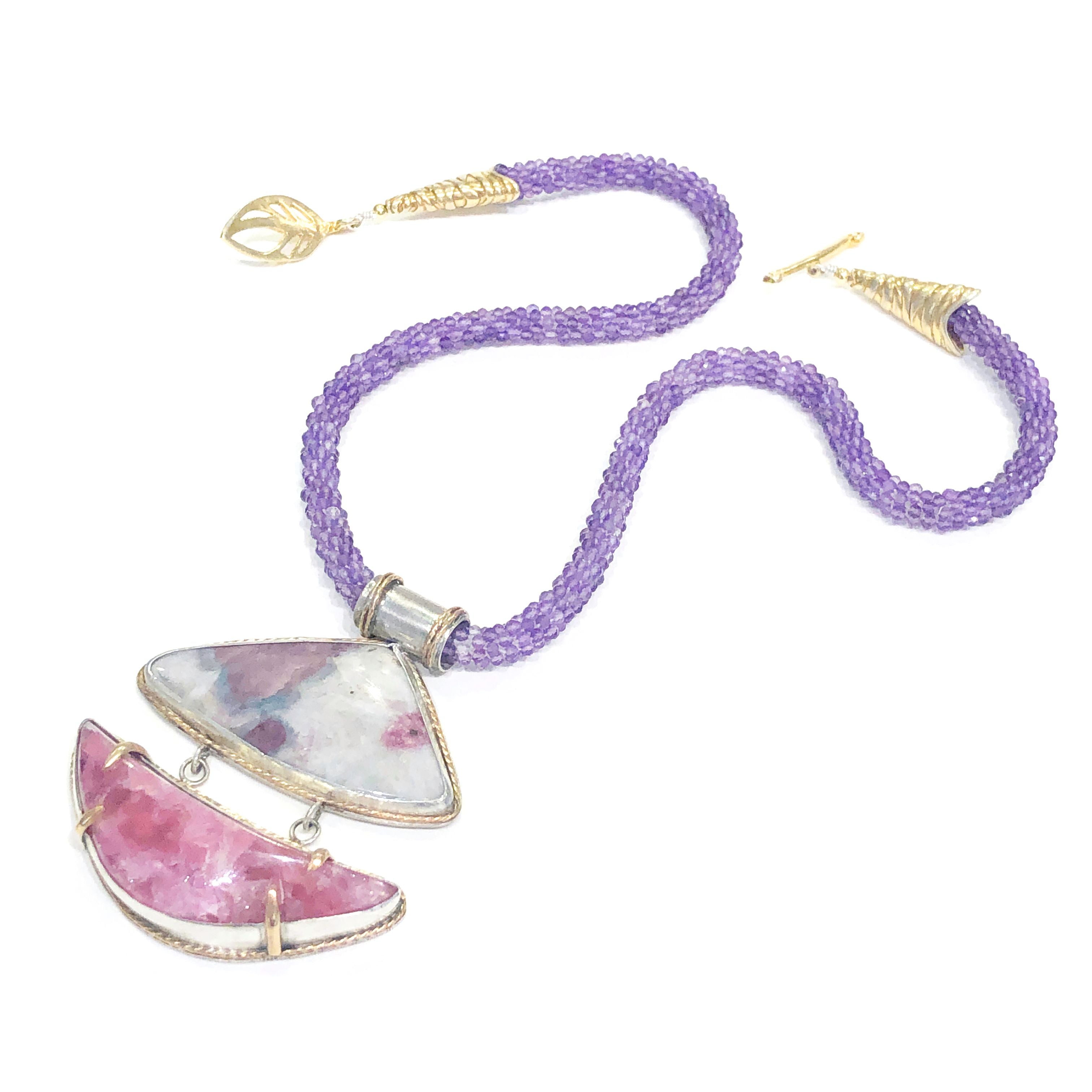 Genuine Amethyst, Paraíba Tourmaline+ Pink Calcite crocheted necklace
