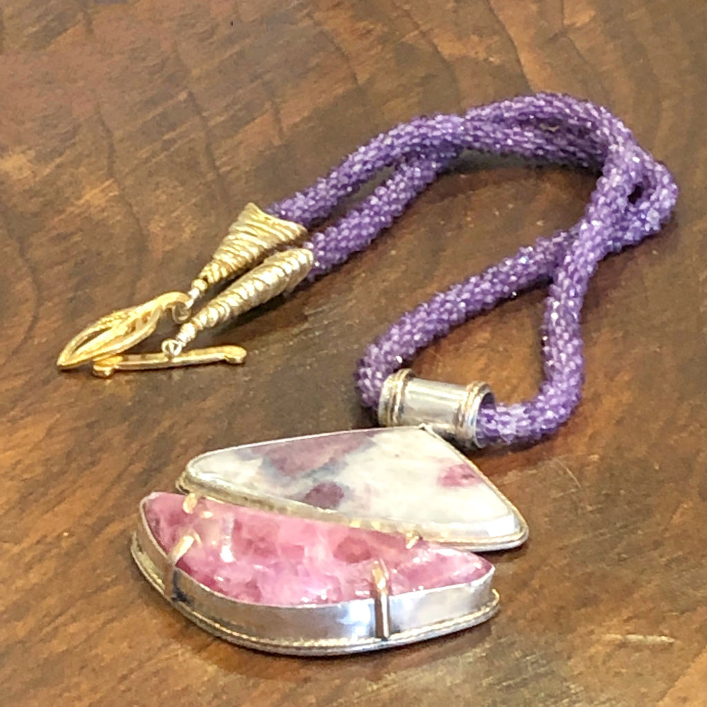 Genuine Amethyst, Paraíba Tourmaline+ Pink Calcite crocheted necklace
