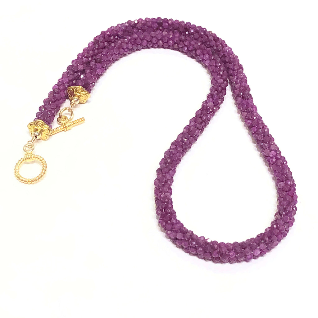 Crocheted Ruby necklace, Gemstone necklace, gold filled toggle