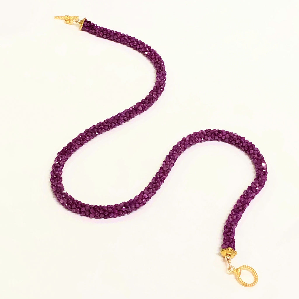 Crocheted Ruby necklace, Gemstone necklace, gold filled toggle