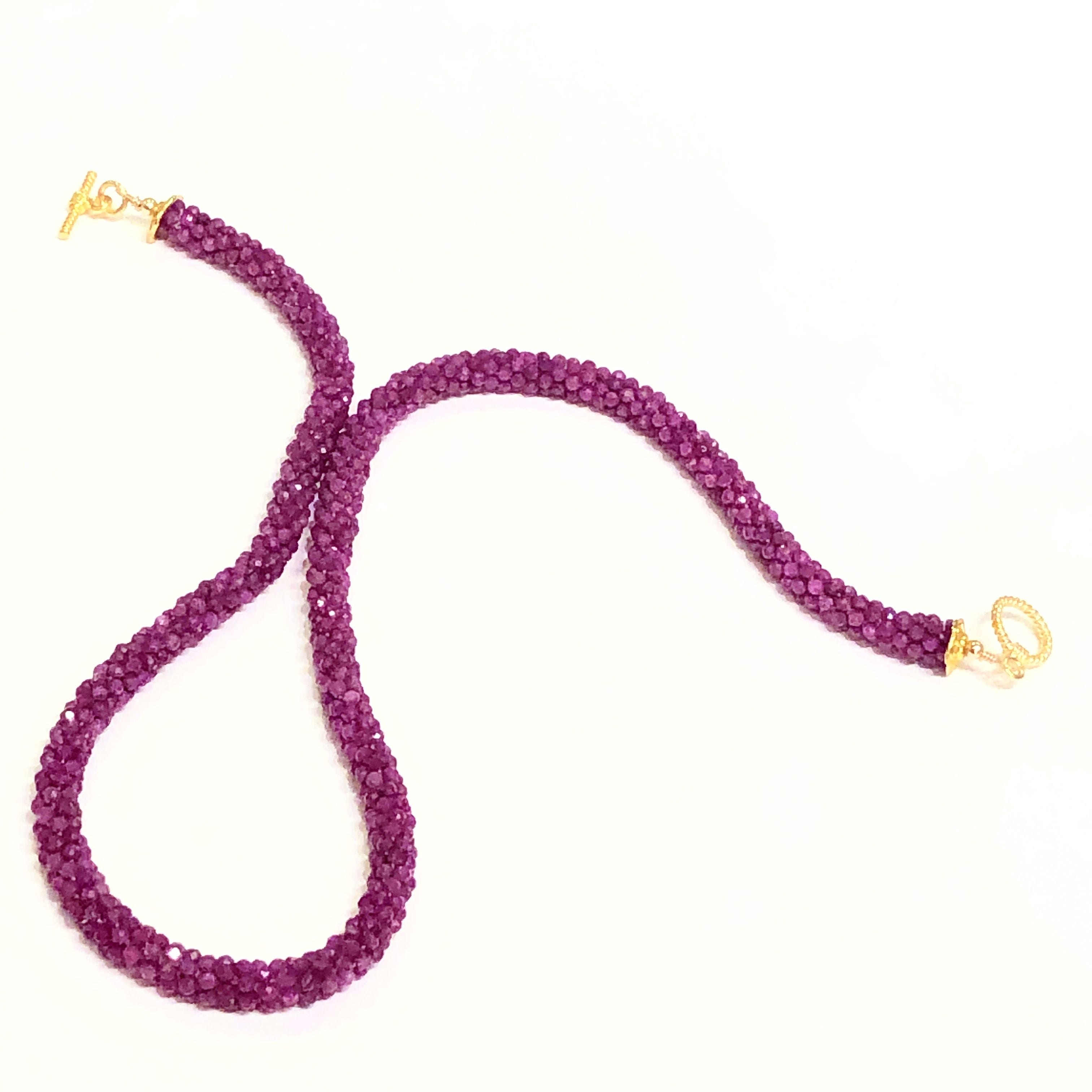 Crocheted Ruby necklace, Gemstone necklace, gold filled toggle