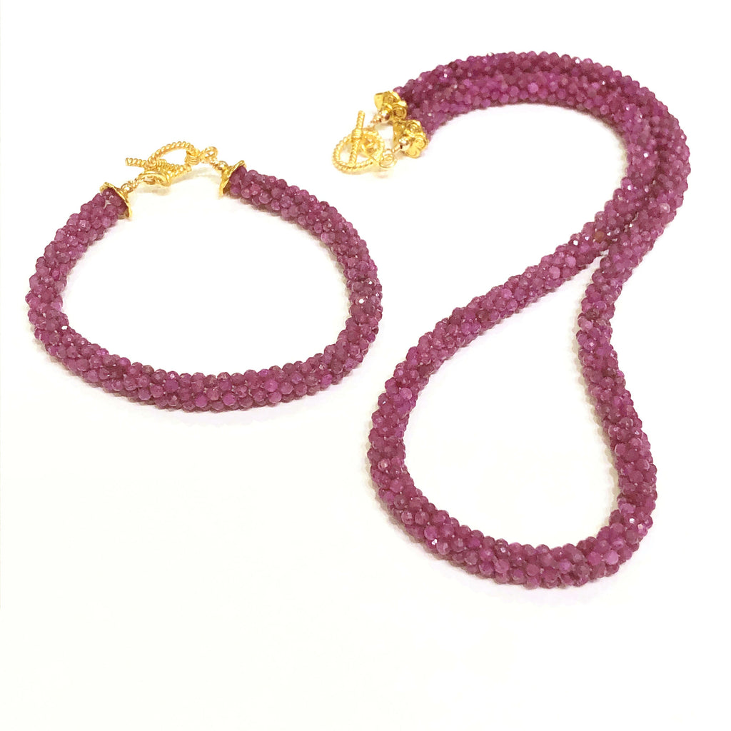 Crocheted Ruby necklace, Gemstone necklace, gold filled toggle