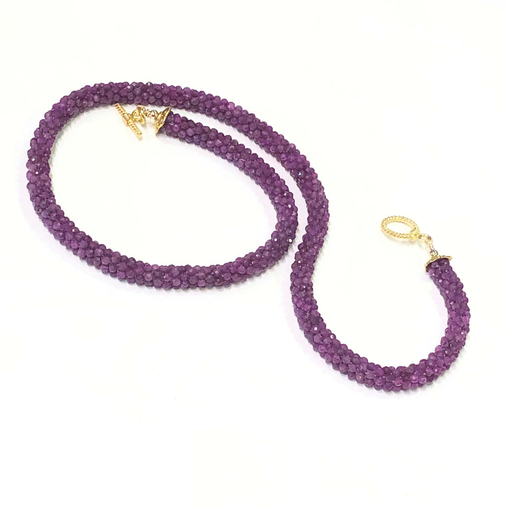 Crocheted Ruby necklace, Gemstone necklace, gold filled toggle