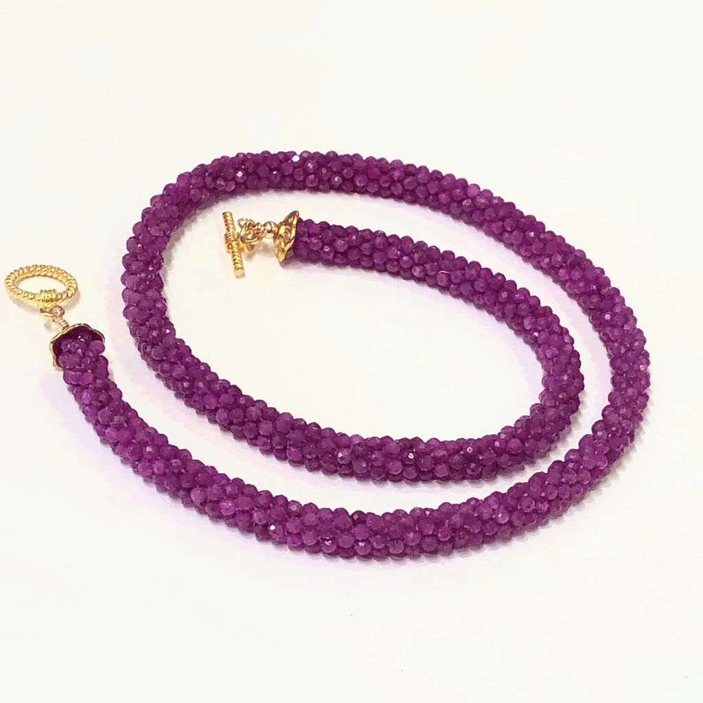 Crocheted Ruby necklace, Gemstone necklace, gold filled toggle