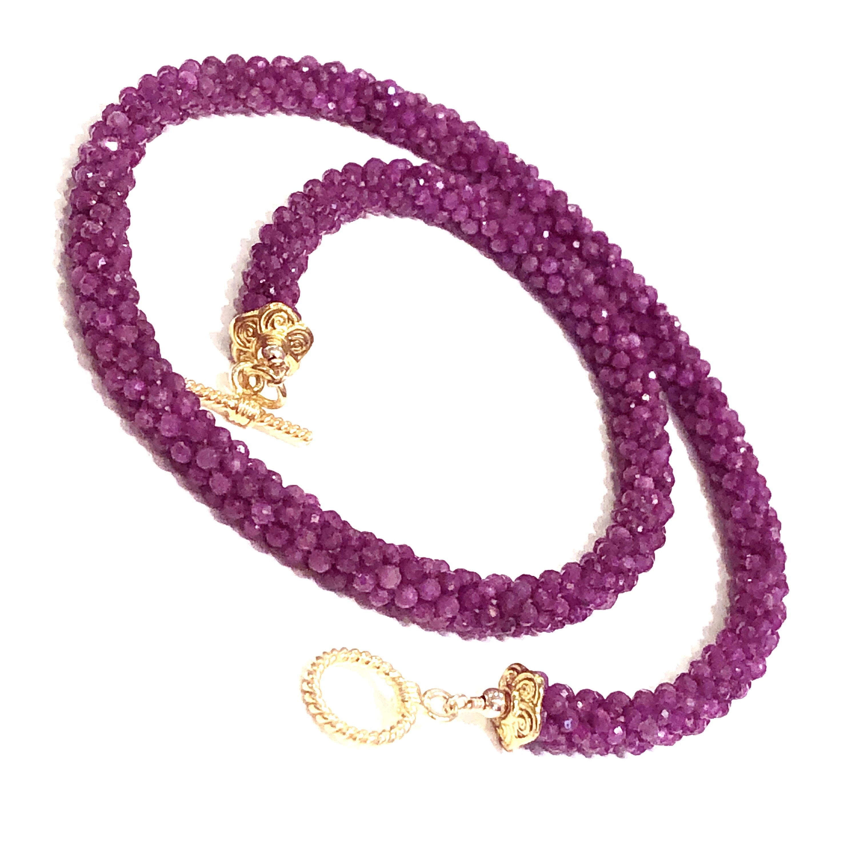 Crocheted Ruby necklace, Gemstone necklace, gold filled toggle