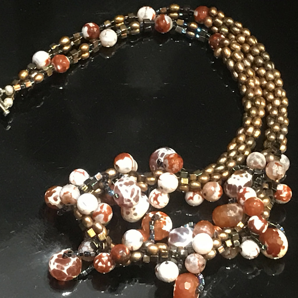 Crocheted necklace, fire agate gemstones with fresh water rice pearls