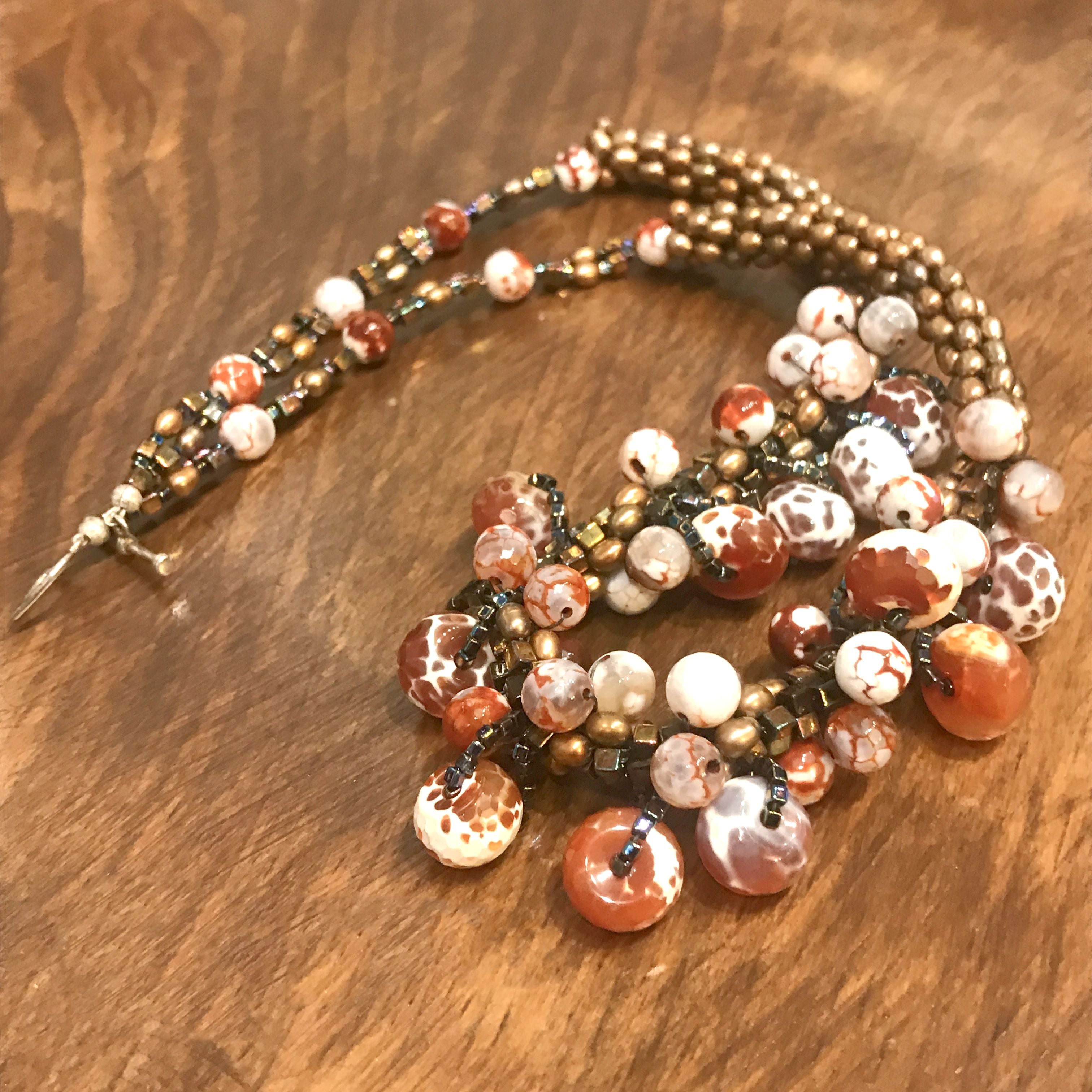 Crocheted necklace, fire agate gemstones with fresh water rice pearls