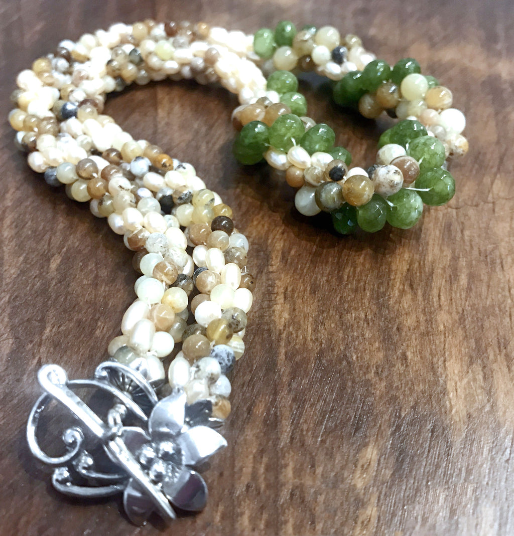 Crocheted Pearl and Jasper Green, Tan+Brown