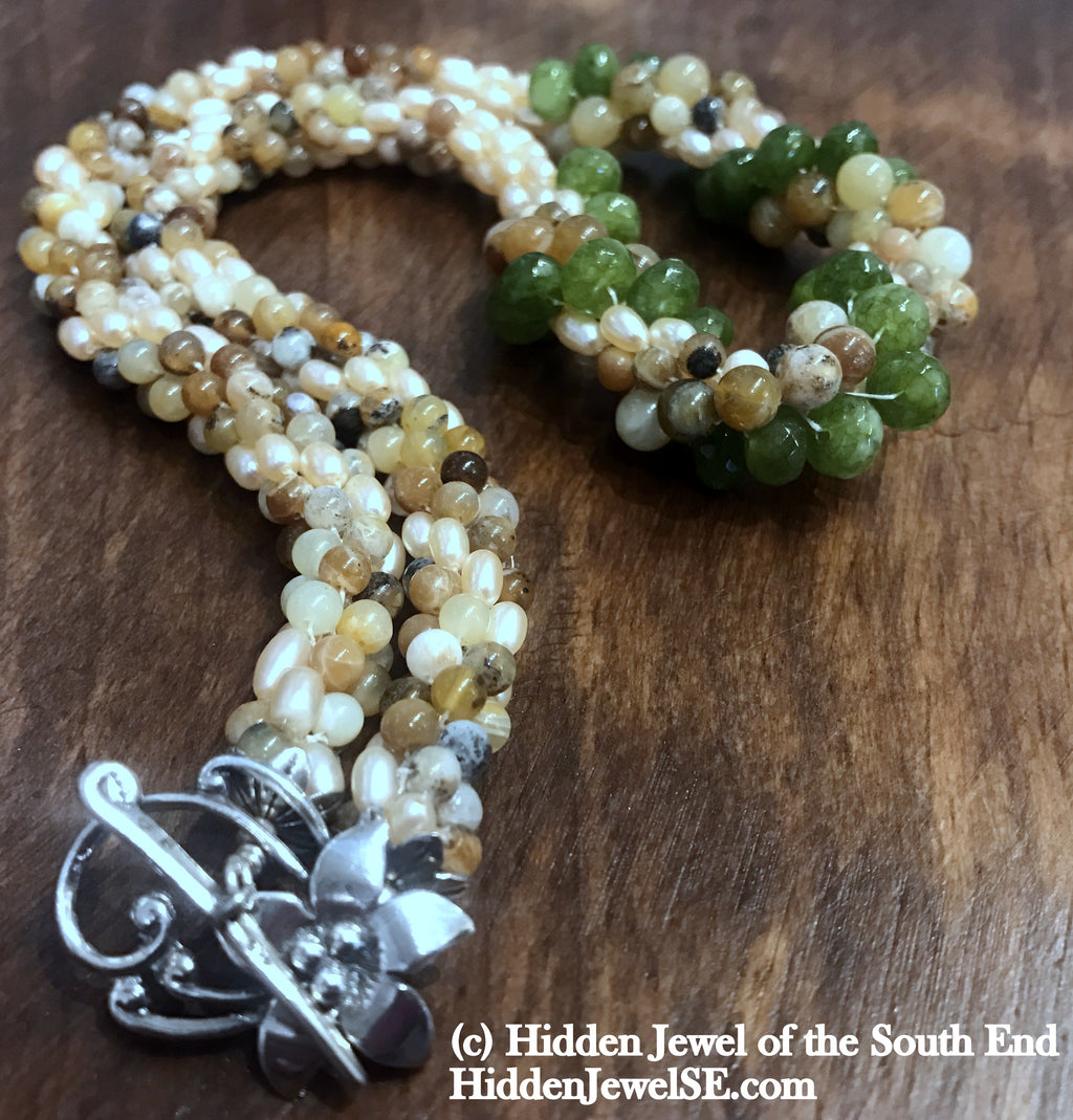 Crocheted Pearl and Jasper Green, Tan+Brown
