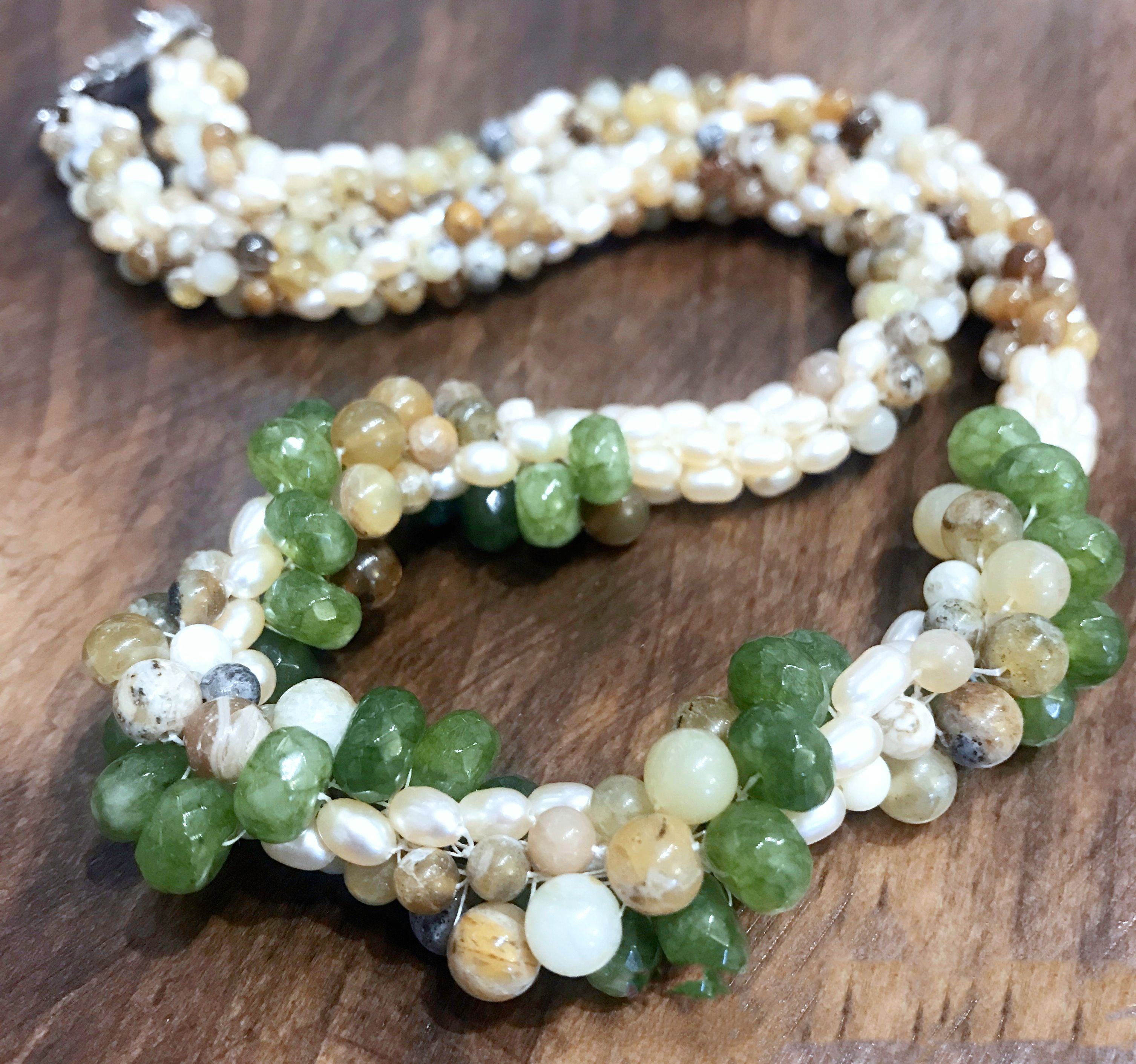 Crocheted Pearl and Jasper Green, Tan+Brown