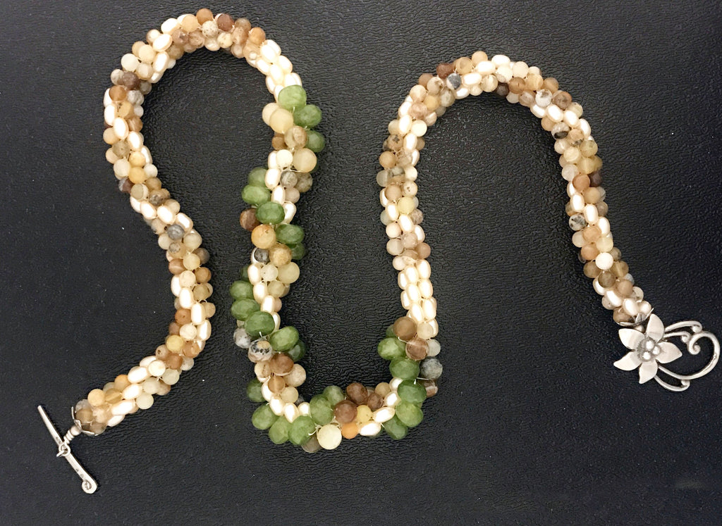 Crocheted Pearl and Jasper Green, Tan+Brown