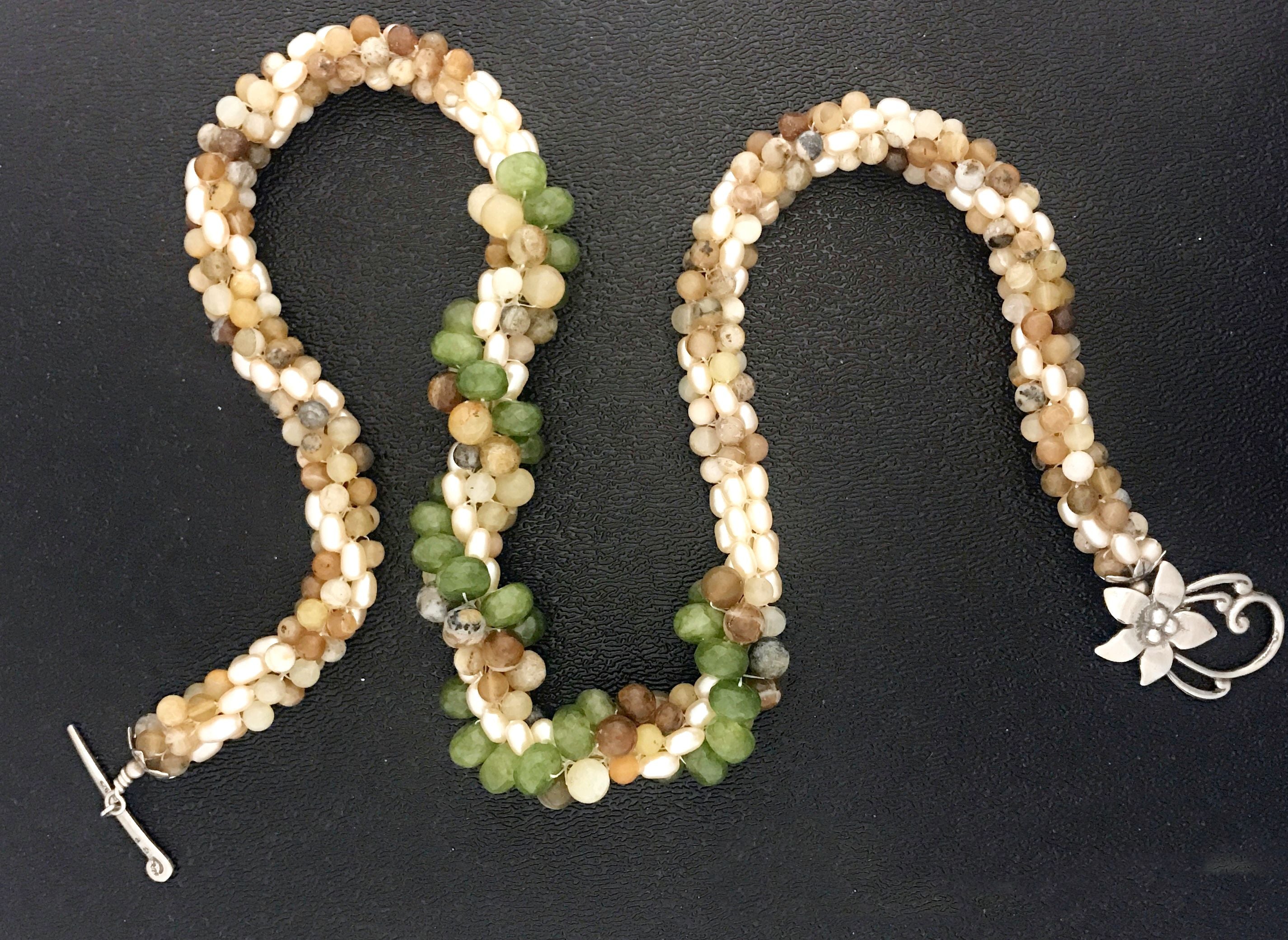 Crocheted Pearl and Jasper Green, Tan+Brown