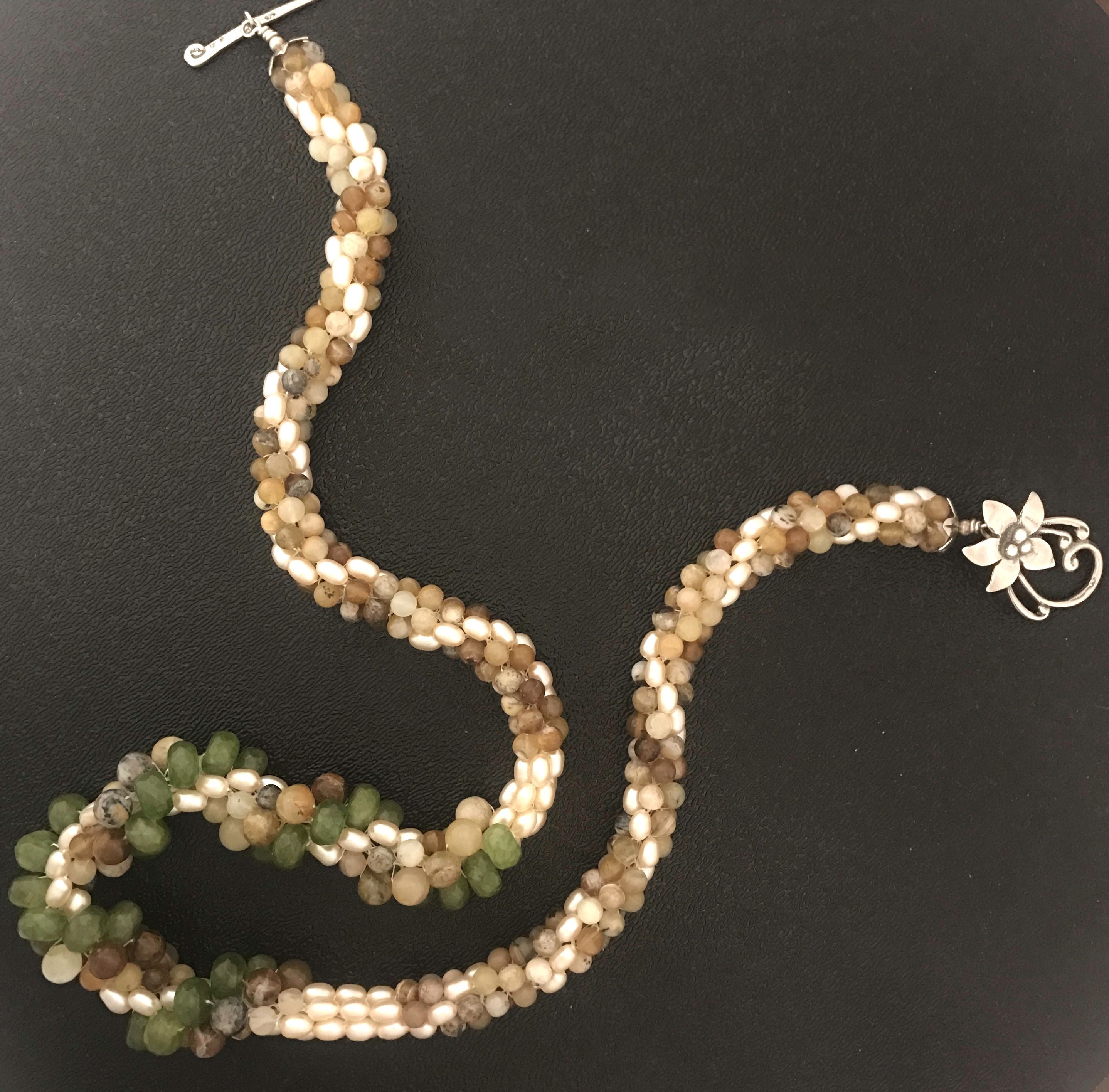 Crocheted Pearl and Jasper Green, Tan+Brown