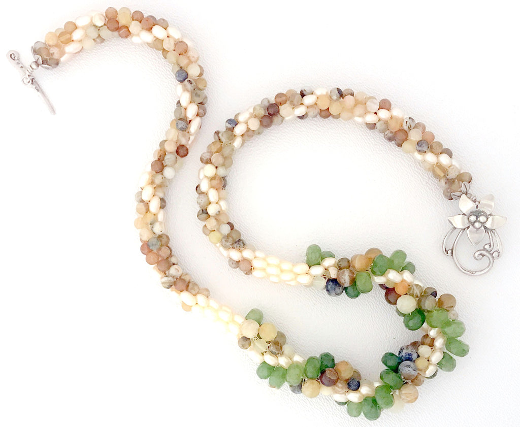 Crocheted Pearl and Jasper Green, Tan+Brown