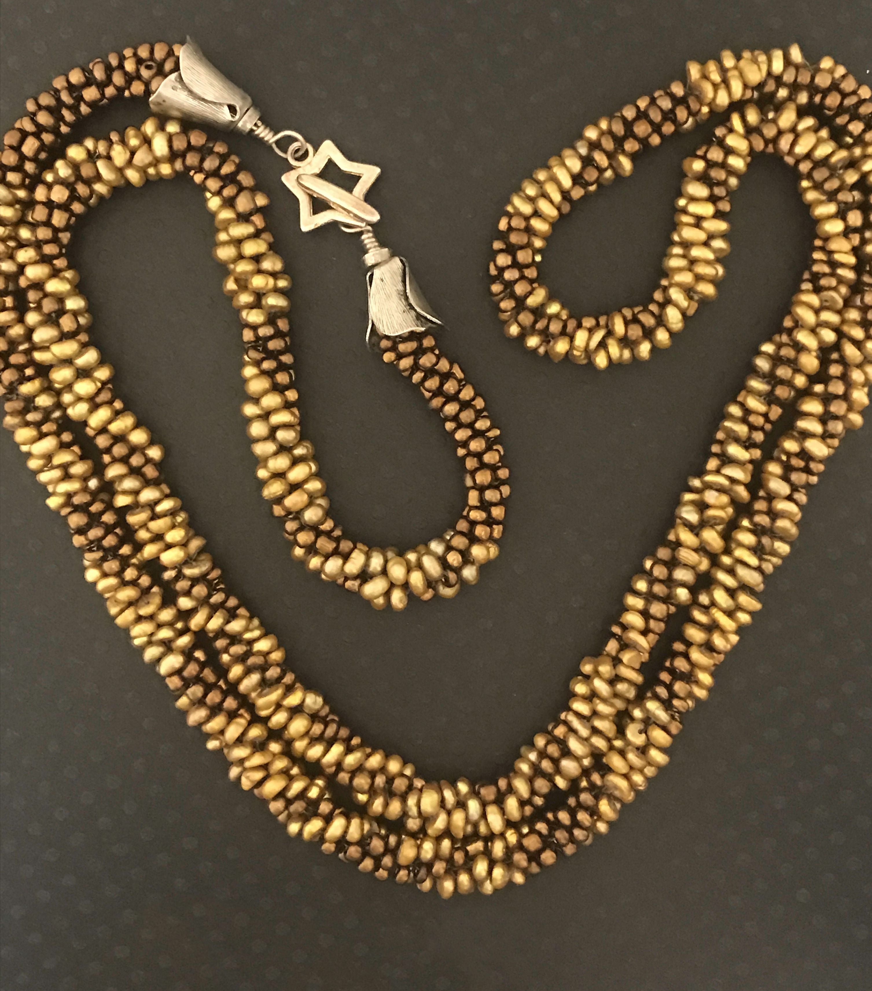 Crocheted Freshwater Pearl Necklace Gold necklace w/seed beads SS clasp