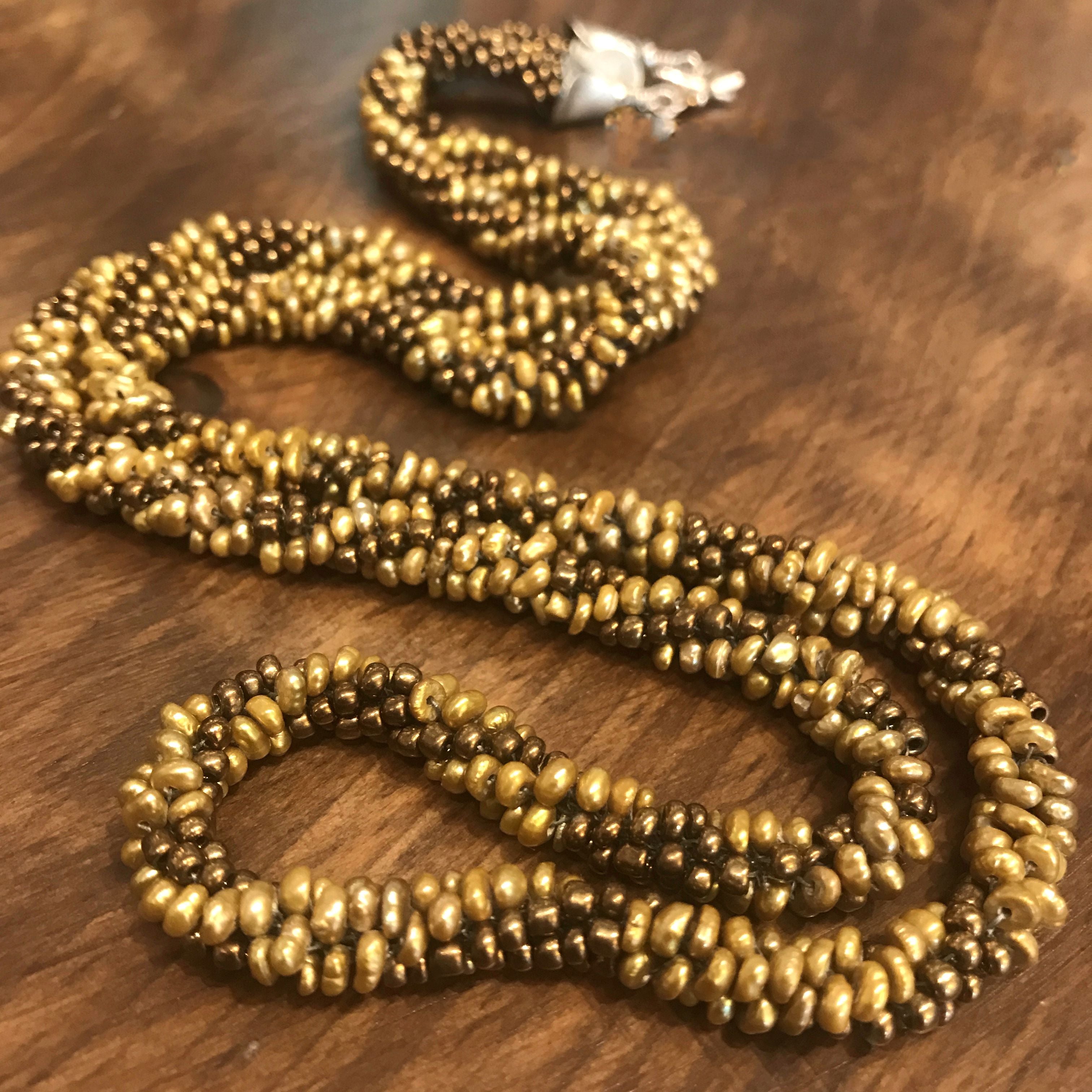 Crocheted Freshwater Pearl Necklace Gold necklace w/seed beads SS clasp