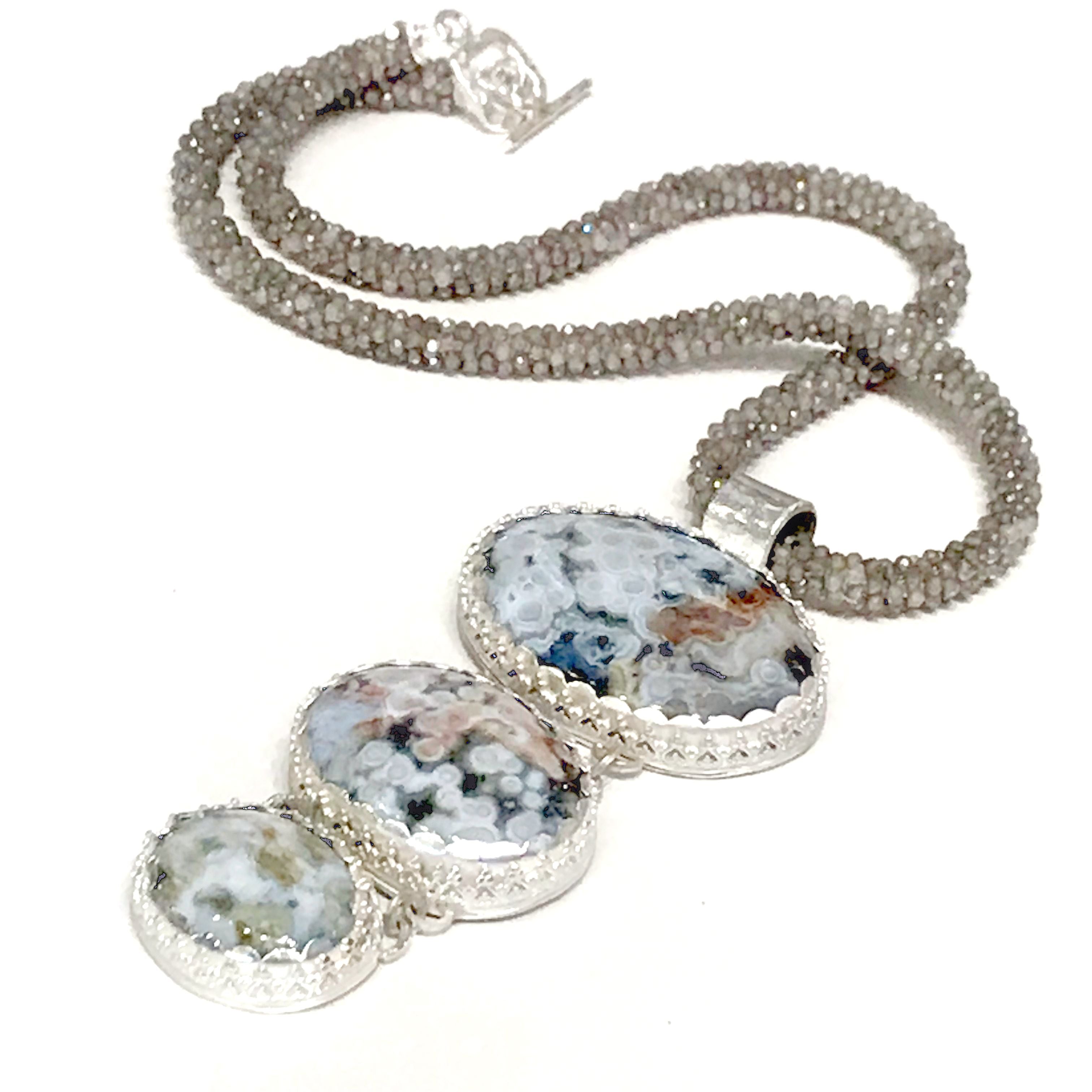 Ocean Jasper Sterling Silver pendant necklace with Crocheted Labradorite