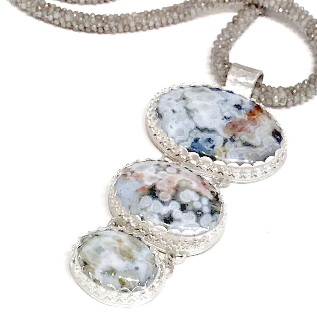 Ocean Jasper Sterling Silver pendant necklace with Crocheted Labradorite