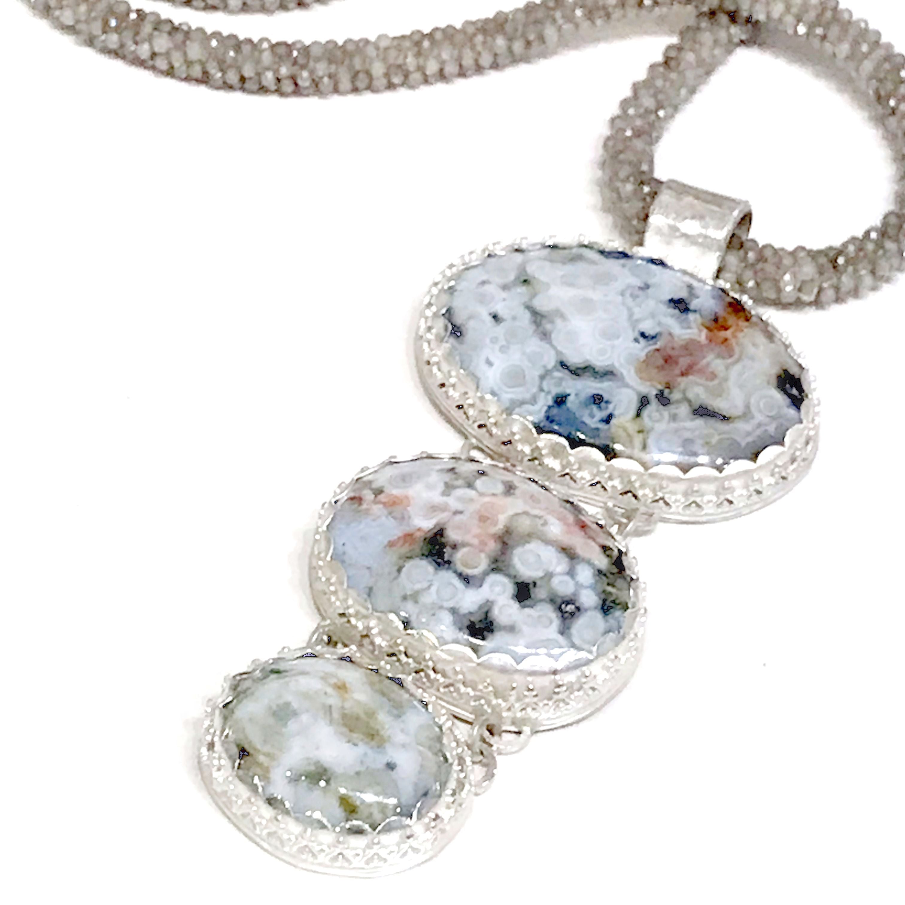 Ocean Jasper Sterling Silver pendant necklace with Crocheted Labradorite