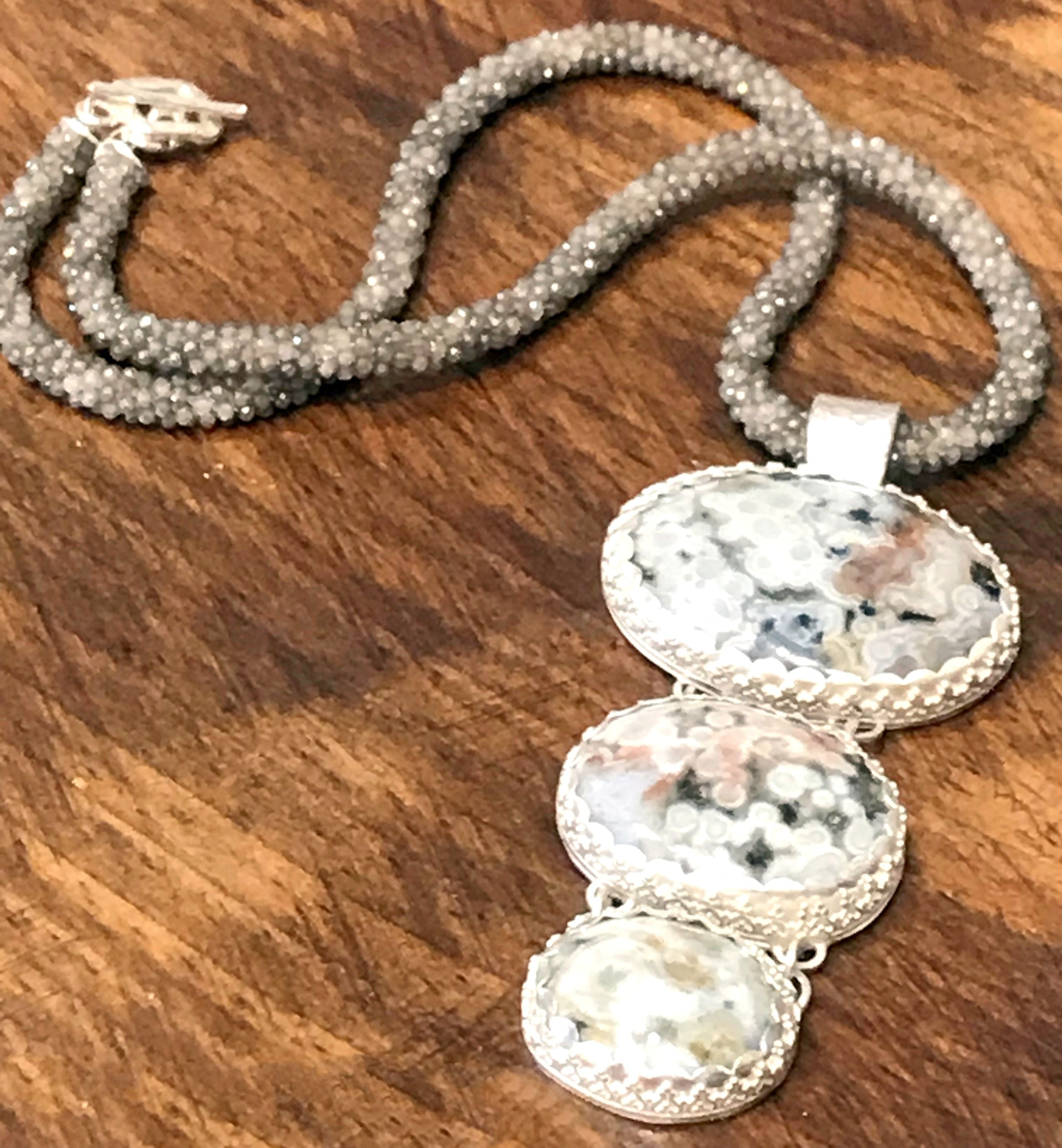 Ocean Jasper Sterling Silver pendant necklace with Crocheted Labradorite