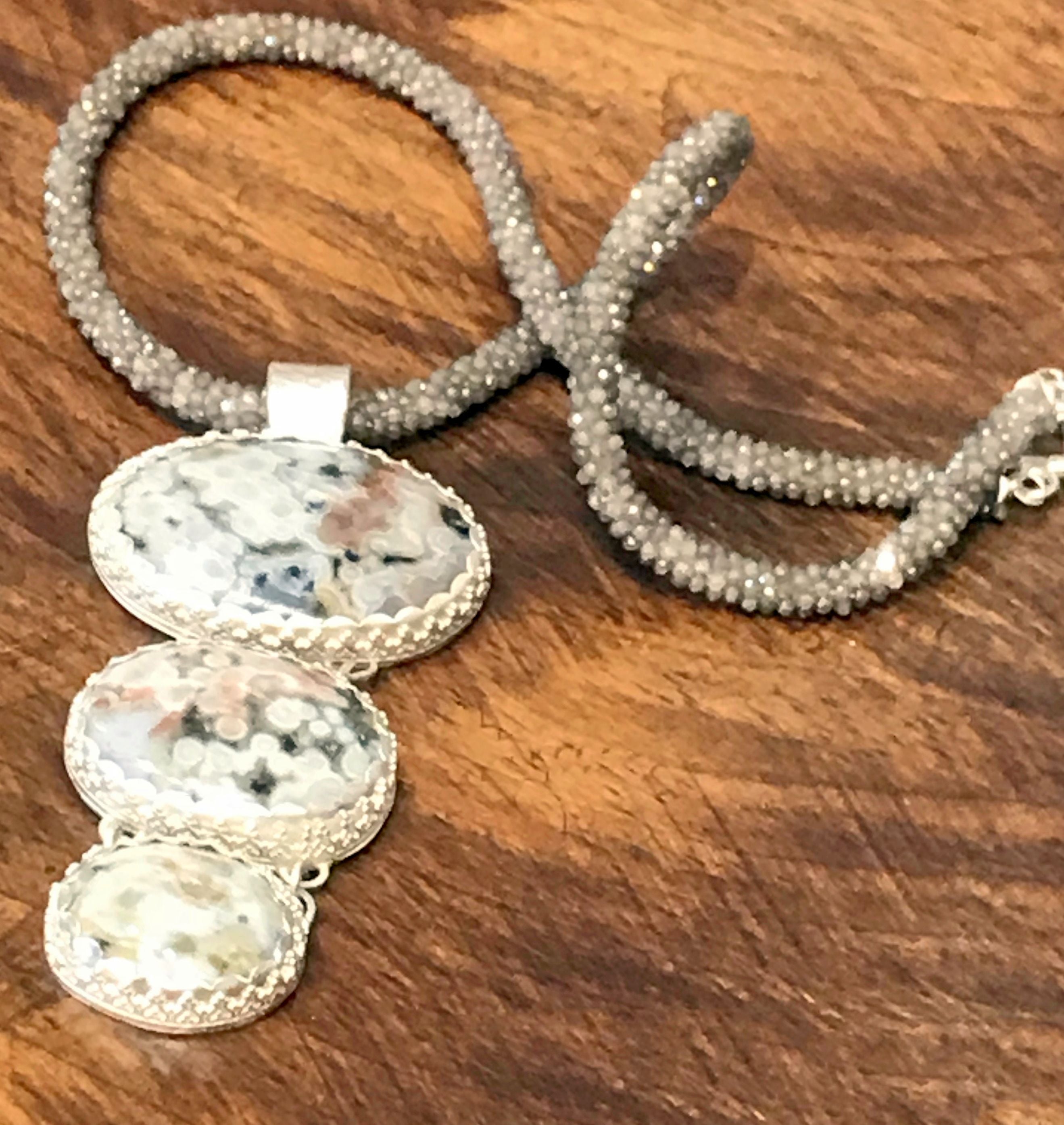 Ocean Jasper Sterling Silver pendant necklace with Crocheted Labradorite