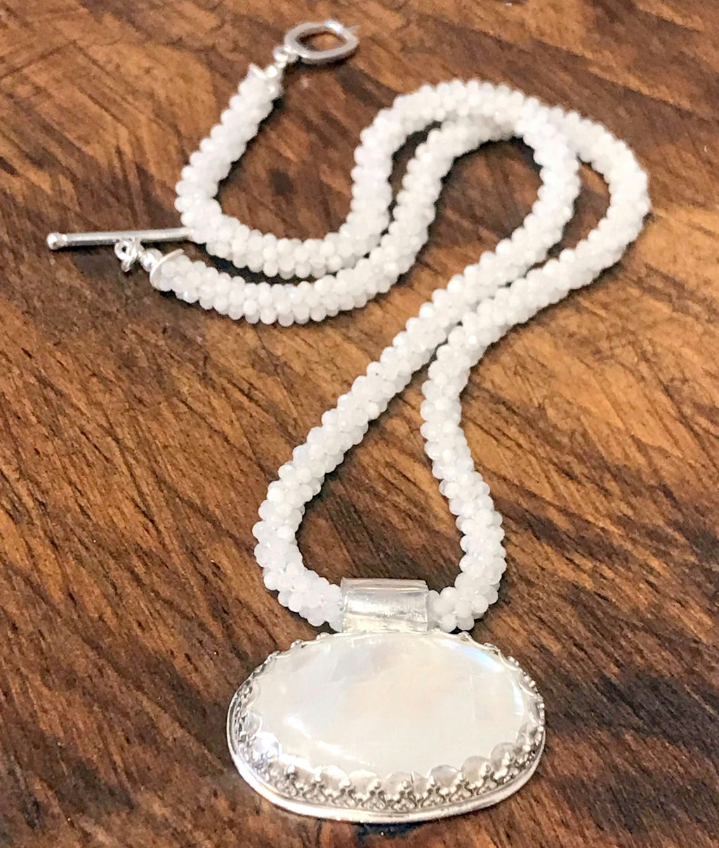 Crocheted faceted Moonstone Necklace with Moonstone oval pendant