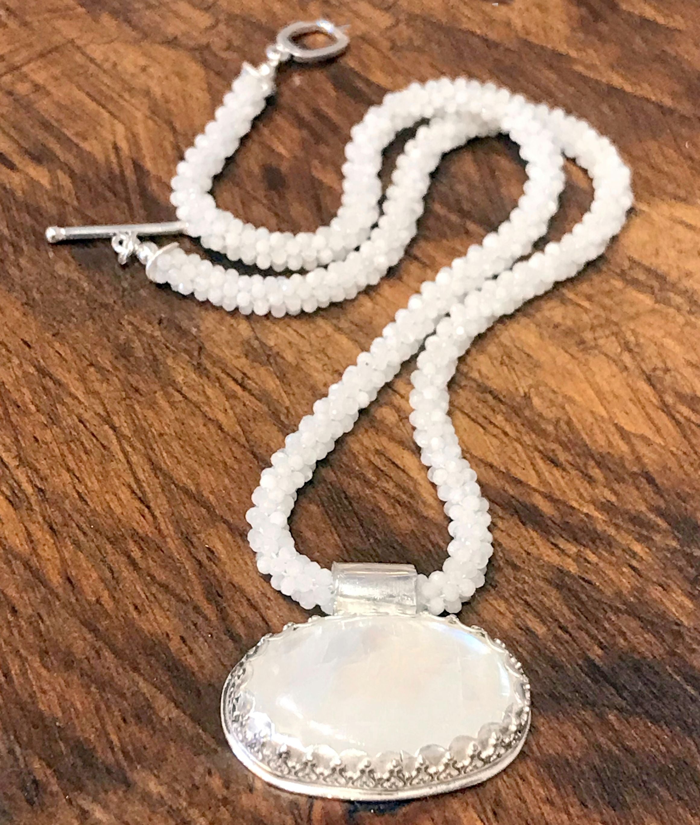 Crocheted faceted Moonstone Necklace with Moonstone oval pendant