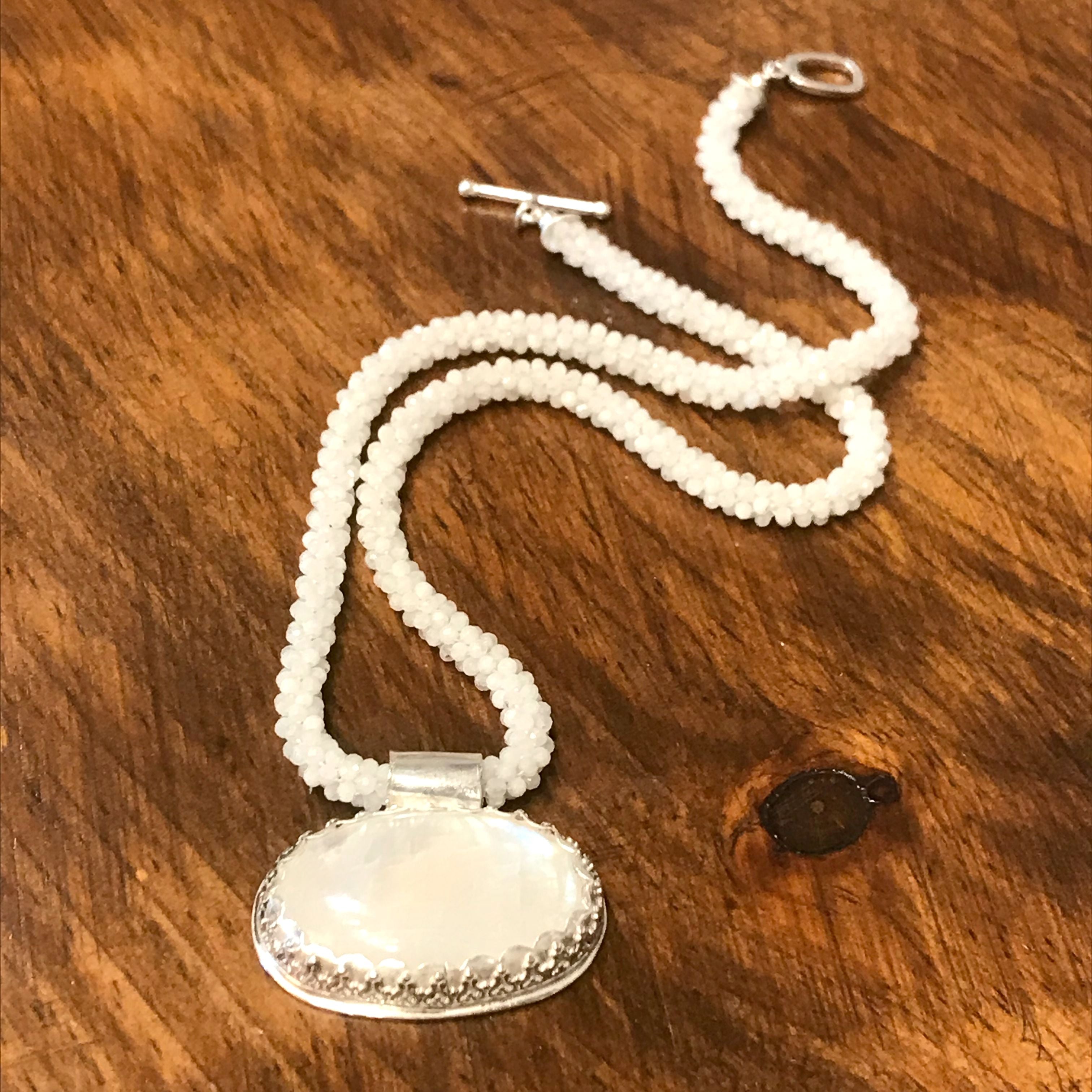 Crocheted faceted Moonstone Necklace with Moonstone oval pendant