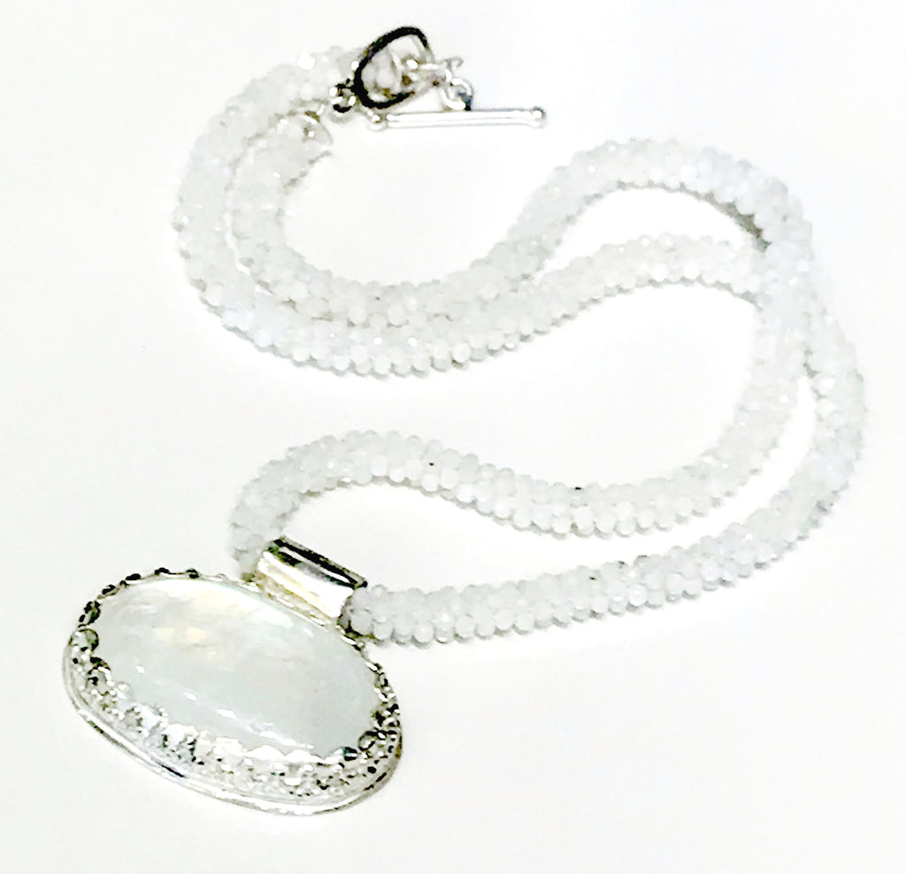 Crocheted faceted Moonstone Necklace with Moonstone oval pendant