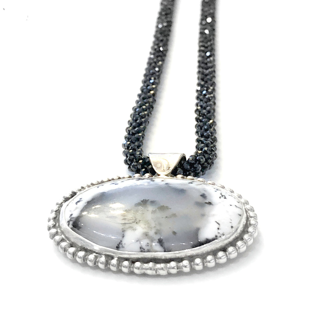 Crocheted Black Spinel necklace with Dendritic Opal gemstone